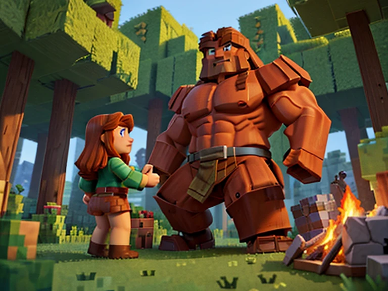 A large muscular iron golem from Minecraft sits with a girl near a fire in the forest...