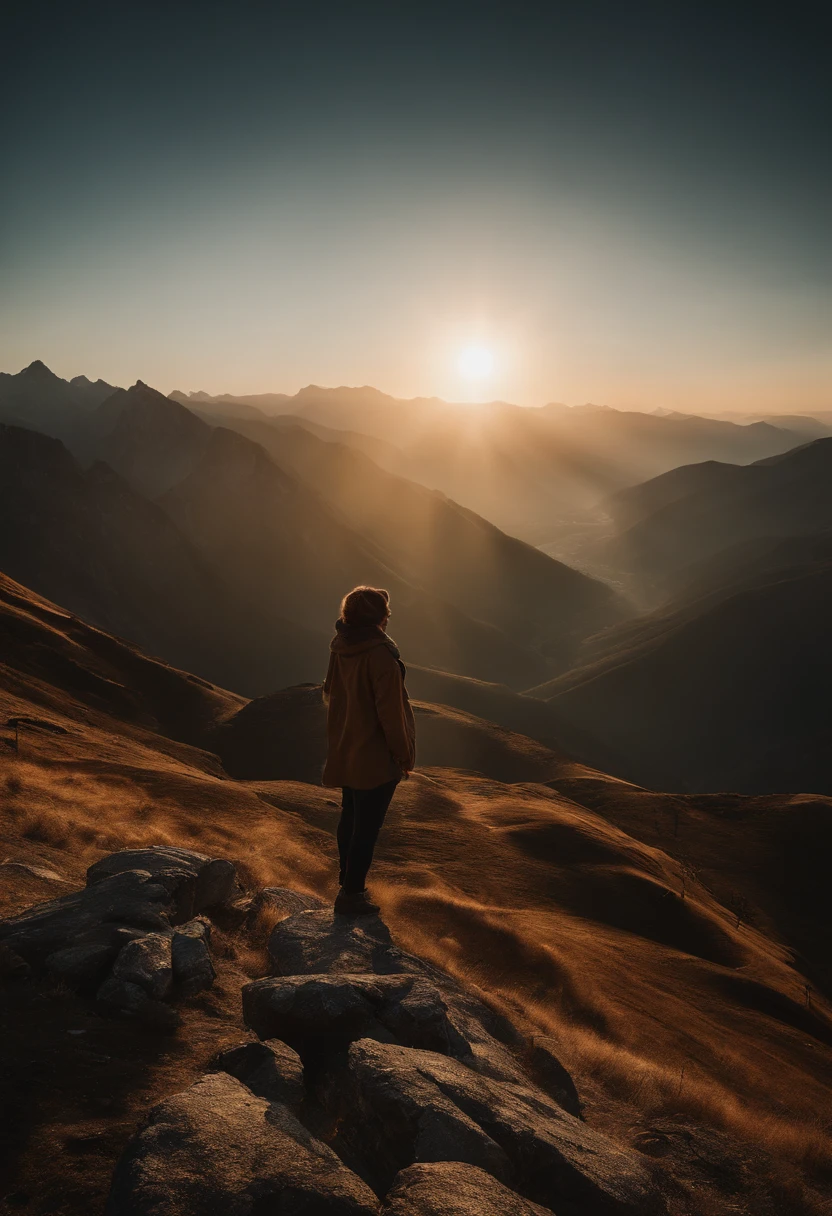 a breathtaking shot of a person standing proudly on top of a mountain, backlit by the golden hour sun, with the expansive view of surrounding peaks and valleys in the background