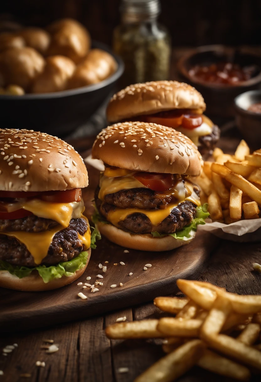 a top-down shot of a cheeseburger on a rustic wooden table, with sesame seeds sprinkled on the bun and a side of crispy golden fries, creating a classic American diner aesthetic