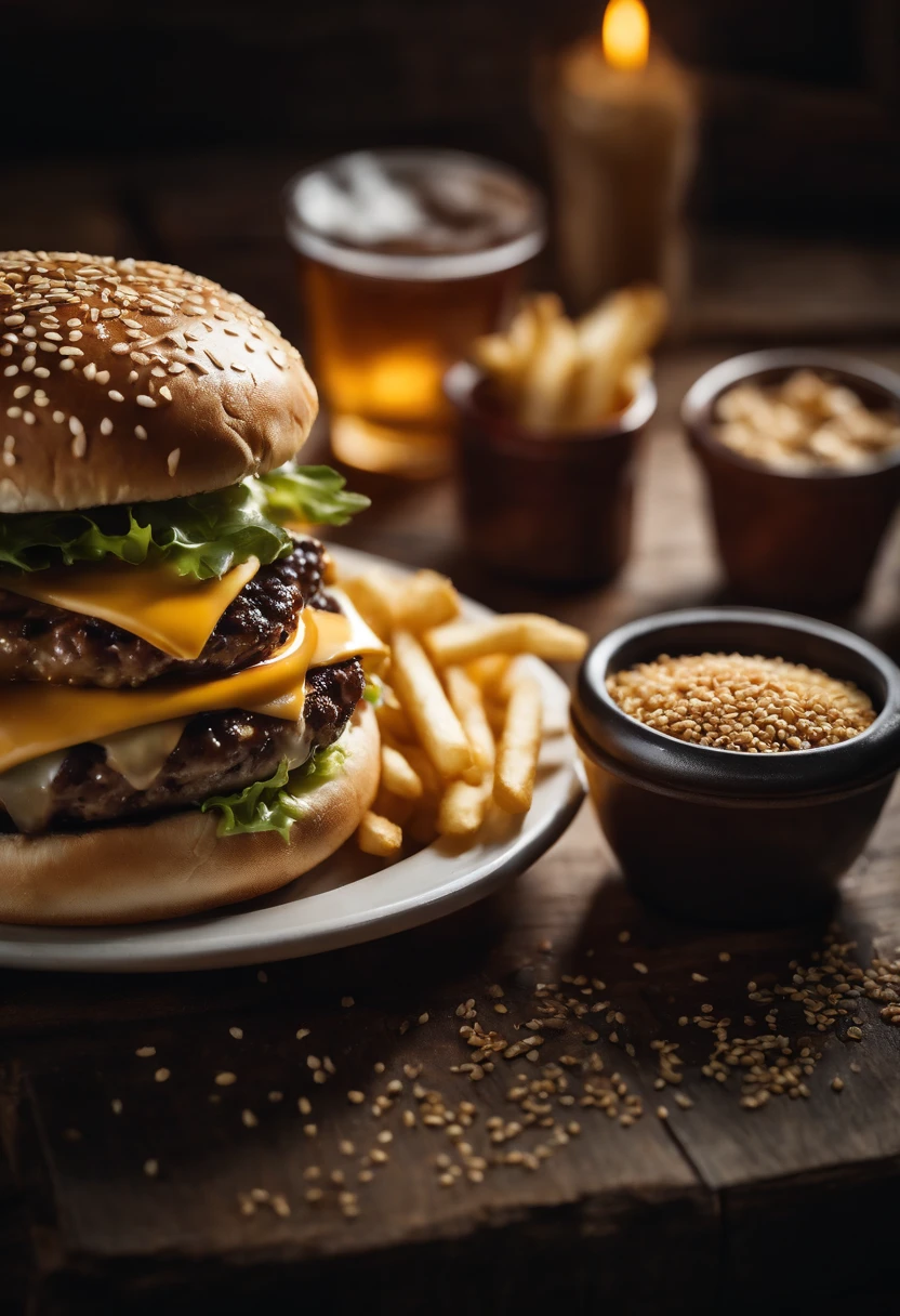 a top-down shot of a cheeseburger on a rustic wooden table, with sesame seeds sprinkled on the bun and a side of crispy golden fries, creating a classic American diner aesthetic
