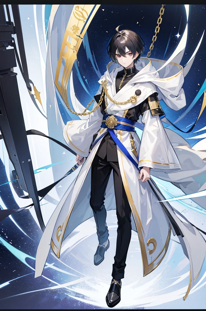 (1 Boy), anime, anime guy, Black hair with bangs, Highlights are silver., white, Open coat, It has a black sash and a blue hood..., black and gold border, And there is a gold chain attached to the back.., serious, 10, Tall, anime full body illustration,