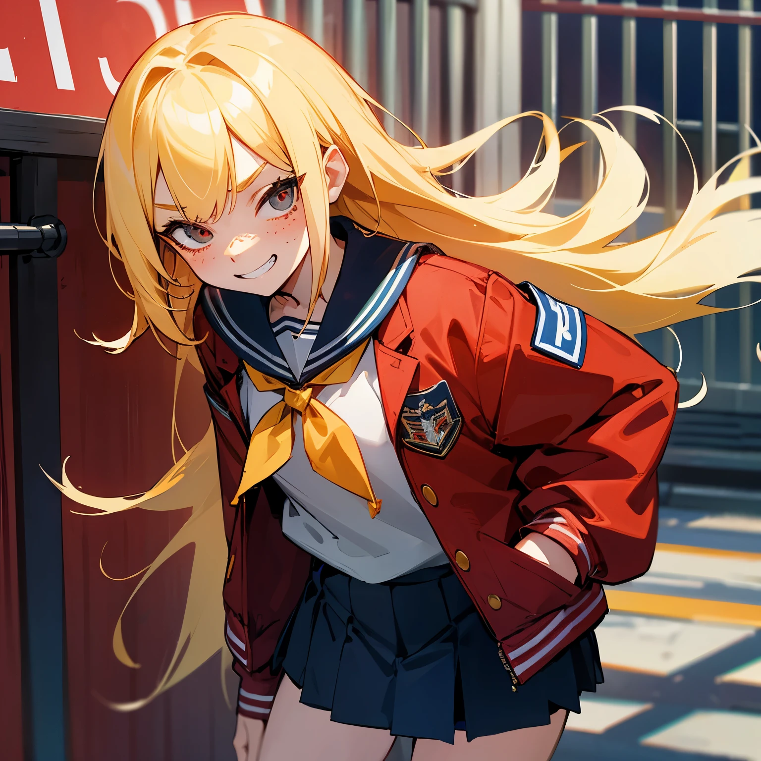 top-quality、a blond、Bad eyes、Mischievous grin、Red jersey jacket、Dark blue mini skirt、Bad Girls、hitornfreckles、hands in the pocket、lean against the fence、School rooftop