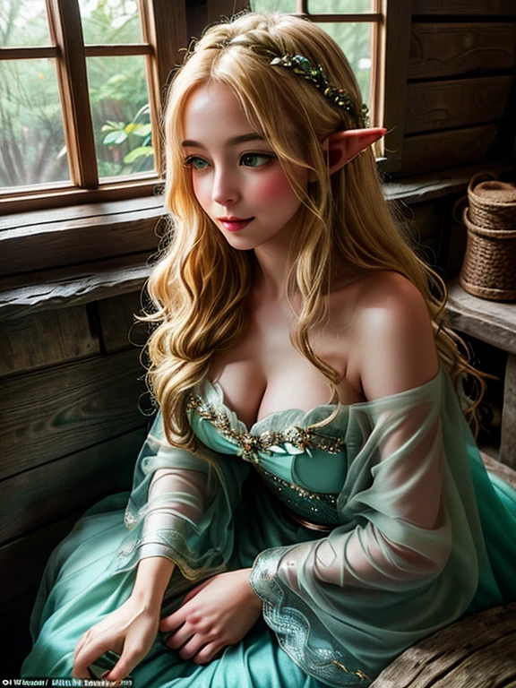 (masterpiece, high resolution:1.ortrait of a blonde elven woman with green eyes:1.2), (her long flowing hair cascading to the floor:1.1), (Sony Alpha 7S III camera, renowned for exceptional low-light performance:1.2), (paired with the Sony FE 85mm f/1.4 lens:1.2), (the elfa dressed in a short, form-fitting attire accentuating her ample bosom and slender figure:1.1), (her stunning and flawless physique captivating the eye:1.1), (the focus of the photo is on the mesmerizing elven woman:1.1), (a gentle Gaussian effect adding a touch of ethereal charm to the prompt:1.1), (the wooden cabin, a medieval marvel, providing a rustic and enchanting setting:1.1), (the cabin constructed from sturdy timber logs:1.1), (intricate carvings adorning the wooden walls and beams:1.1), (a thatched roof protecting the cabin from the elements:1.1), (small, charming windows allowing soft rays of sunlight to filter in:1.1), (a stone hearth providing warmth and a cozy ambiance:1.1), (the cabin interior furnished with but elegant wooden furniture:1.1), (a warm and inviting atmosphere embraced by the wooden cabin's natural beauty:1.1), (the elven woman gracing the cabin with her ethereal presence:1.1), (the focus on her captivating gaze and radiant smile:1.1), (a moment captured in time, where fantasy and reality intertwine:1.1), (a captivating portrayal of an enchanting creature in a quaint medieval abode:1.1), (the play of light and shadow enhancing the scene's mystical allure:1.1), (a perfect harmony of the natural world and the elven realm:1.1), (a captivating photo that invites viewers into a world of magic and wonder:1.1), (the elfa embodying the grace and beauty of mythical beings:1.1), (an image that captivates the imagination and awakens the spirit of fantasy:1.1), (a timeless representation of a magical encounter in a medieval setting:1.1), (the Gaussian effect adding a dream-like quality to the image, enhancing its allure:1.1), (elven ears:0.4)