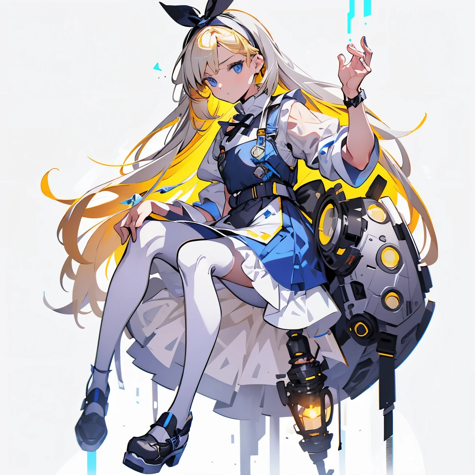 【Highest Quality, masutepiece】  [(1girl:1.5), expressioness, (blonde hair:1.5), long hair,Blue dress, (blue eyes:1.3), white legwear, apron, hairband ribbon, slender beauty, shoes, short sleeves, saucer, black footwear, Upper body] (Gray white background:1.7), Surprised,