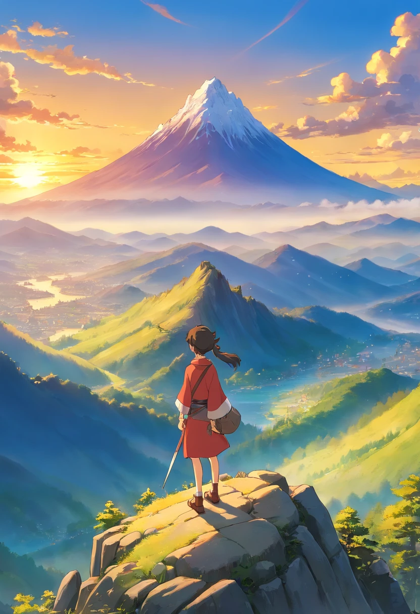 a breathtaking shot of a person standing proudly on top of a mountain, backlit by the golden hour sun, with the expansive view of surrounding peaks and valleys in the background