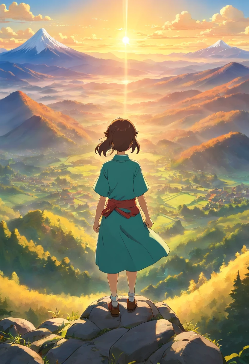 a breathtaking shot of a person standing proudly on top of a mountain, backlit by the golden hour sun, with the expansive view of surrounding peaks and valleys in the background