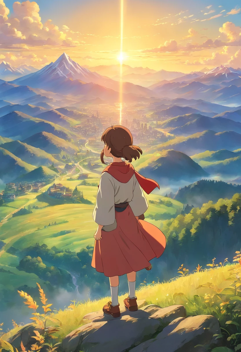 a breathtaking shot of a person standing proudly on top of a mountain, backlit by the golden hour sun, with the expansive view of surrounding peaks and valleys in the background
