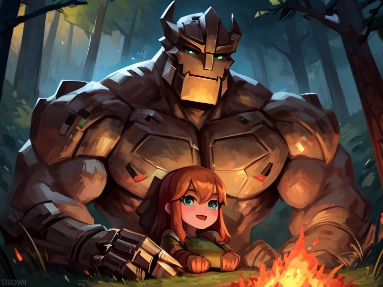 A large muscular iron golem from Minecraft sits with a girl near a fire in the forest....