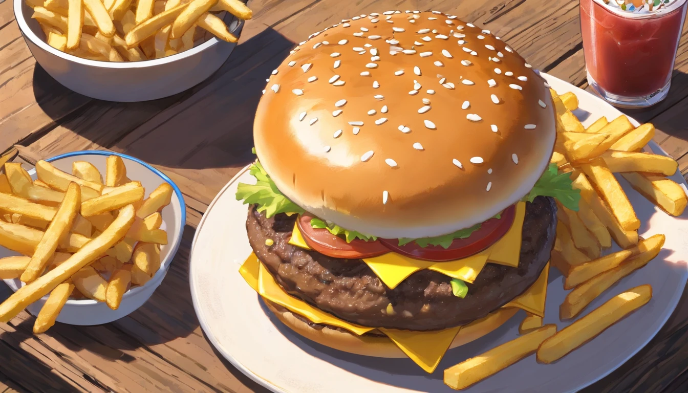 a top-down shot of a cheeseburger on a rustic wooden table, with sesame seeds sprinkled on the bun and a side of crispy golden fries, creating a classic American diner aesthetic