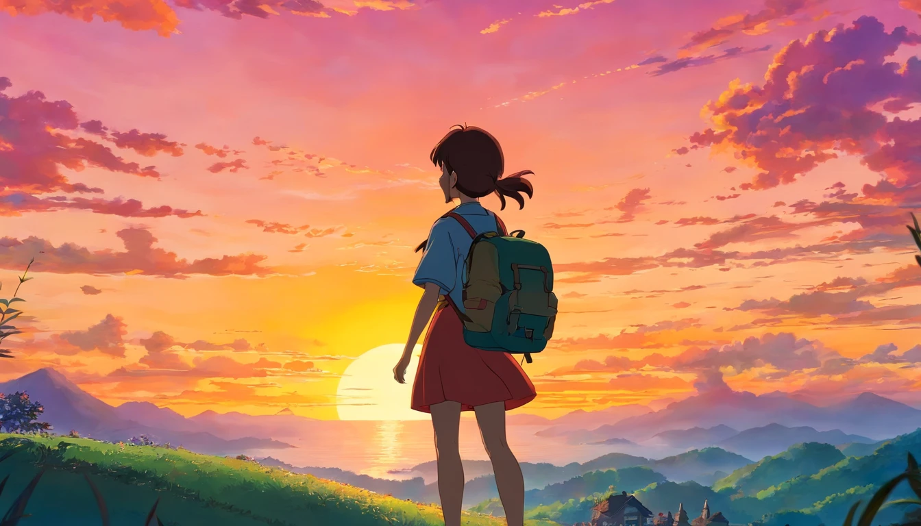 a close-up shot of a person’s silhouette against the vibrant colors of a sunrise or sunset sky, with their backpack adding a sense of adventure and exploration to the composition
