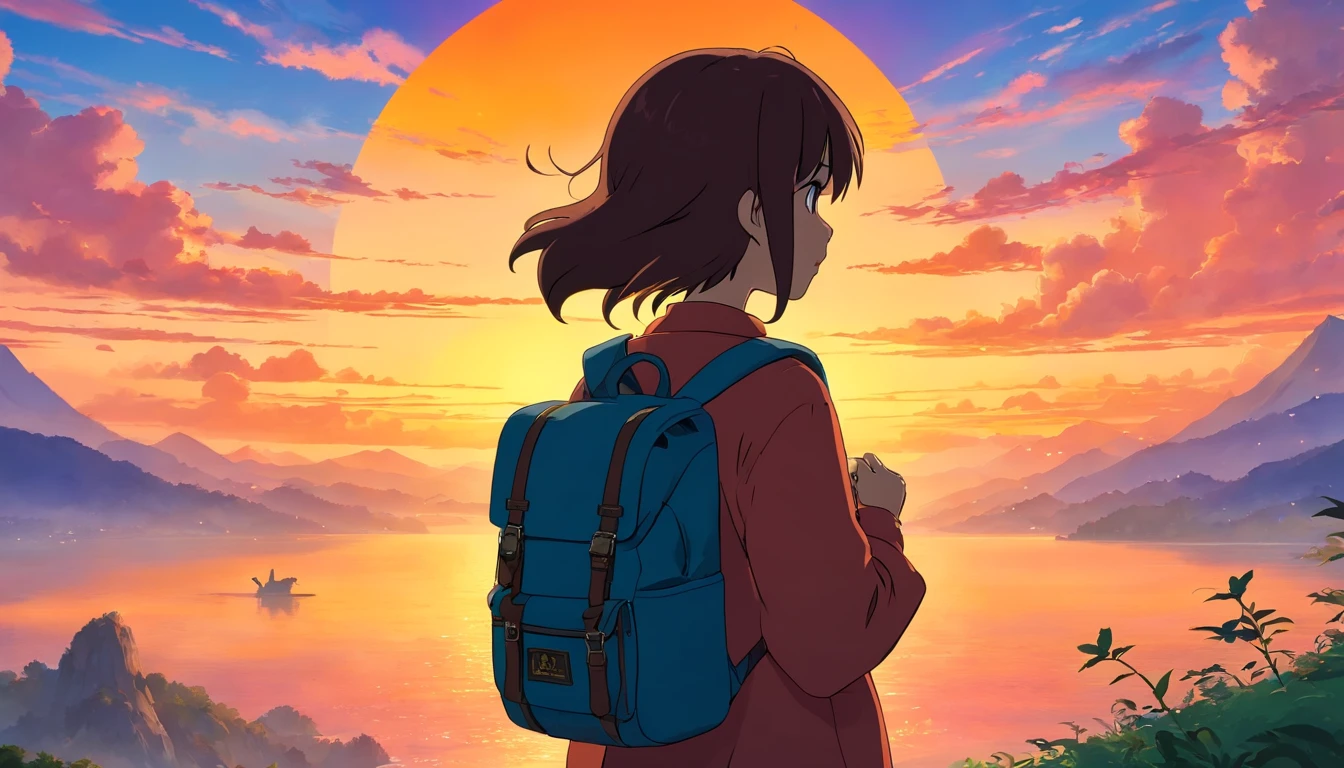 a close-up shot of a person’s silhouette against the vibrant colors of a sunrise or sunset sky, with their backpack adding a sense of adventure and exploration to the composition