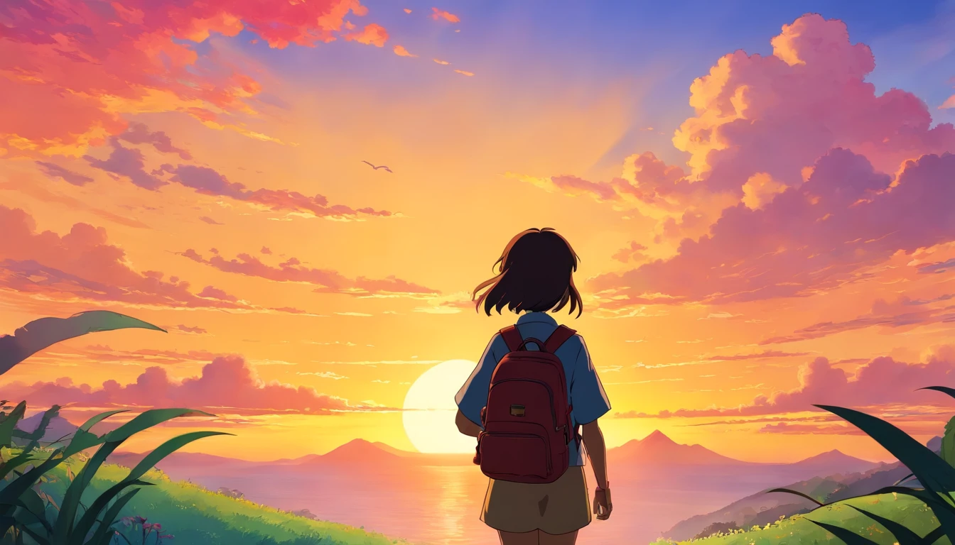 a close-up shot of a person’s silhouette against the vibrant colors of a sunrise or sunset sky, with their backpack adding a sense of adventure and exploration to the composition