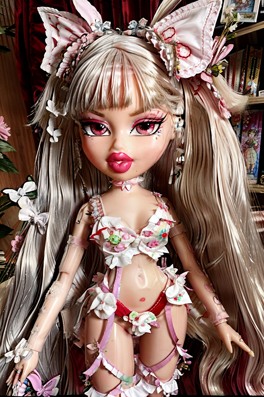 Bratz girl with detailed eyes and big lips and white rococo hair, wearing versace colorful flowers dress , full body , plastic skin , doll joints , ,(masterpiece, top quality, best quality, beautiful and aesthetic:1.2), fujiwara_no_mokou_touhou, doll, revealing clothes, big head, 1girl, solo, breasts, curvy, wide hips, narrow waist, joints, doll joints, cleavage, bursting breasts, huge breasts, lips, long_hair, bow, hair_bow, red_eyes, white_hair, suspenders, very_long_hair, bangs, white_bow, fire, hair_ribbon, midriff, full body, high heels, thighhighs