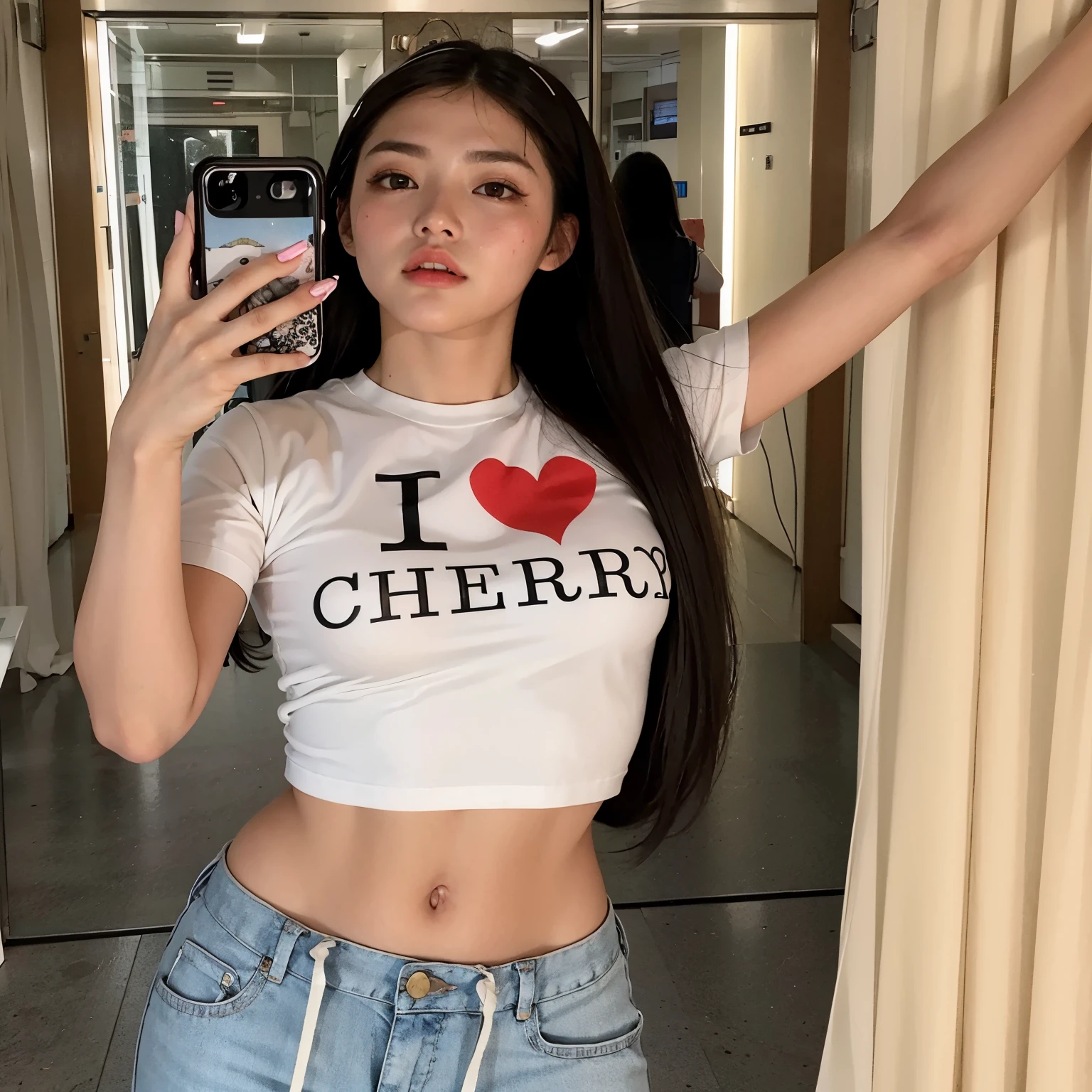 Mulher que tira uma selfie no espelho com um celular, Lulu Chen, gorgeous chinese model, jennie blackpink, Alegreblossom, com corte rasgado t - camisa, linda mulher coreana jovem, Xintong Chen, dilraba dilmurat, Alegre, Heonhwa Choe, peito achatado, Jiyun Chae, Topo de colheita