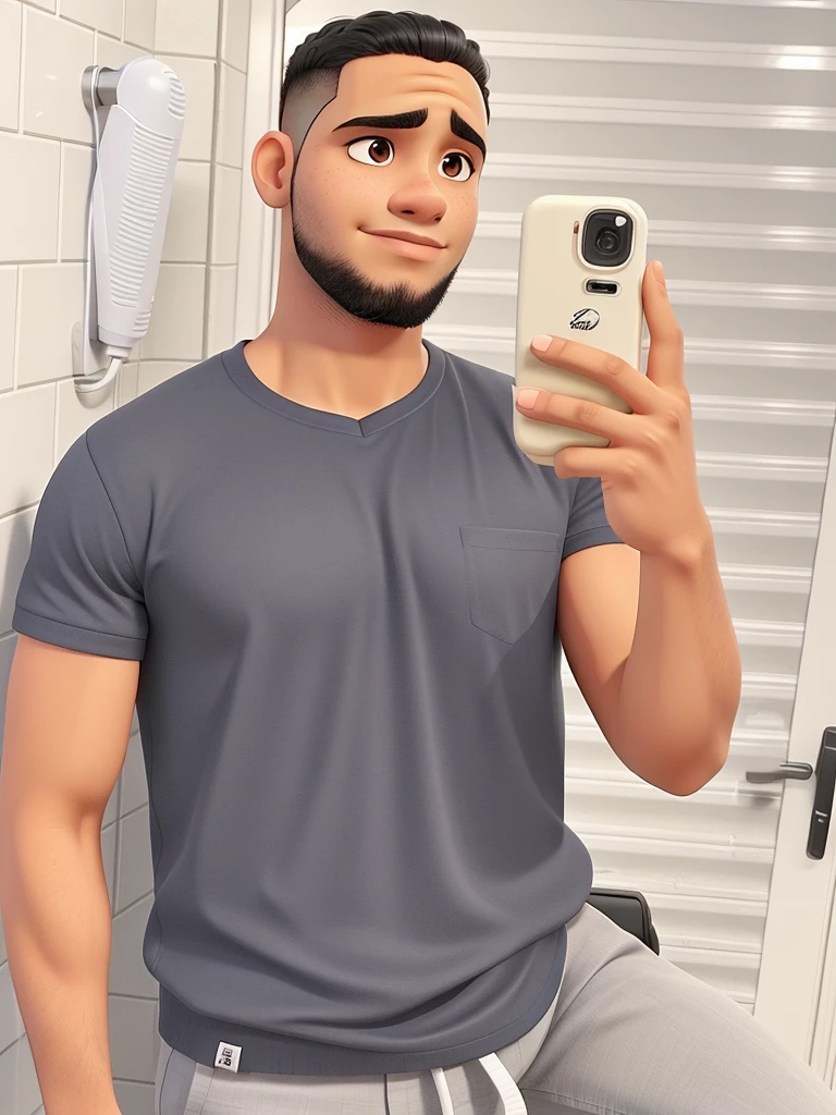 um jovem negro de pele clara, corpo forte, cabelo curto e preto, barba definida, olhos castanhos, keep the reference image as much as possible, retire qualquer cabelo branco que ficar