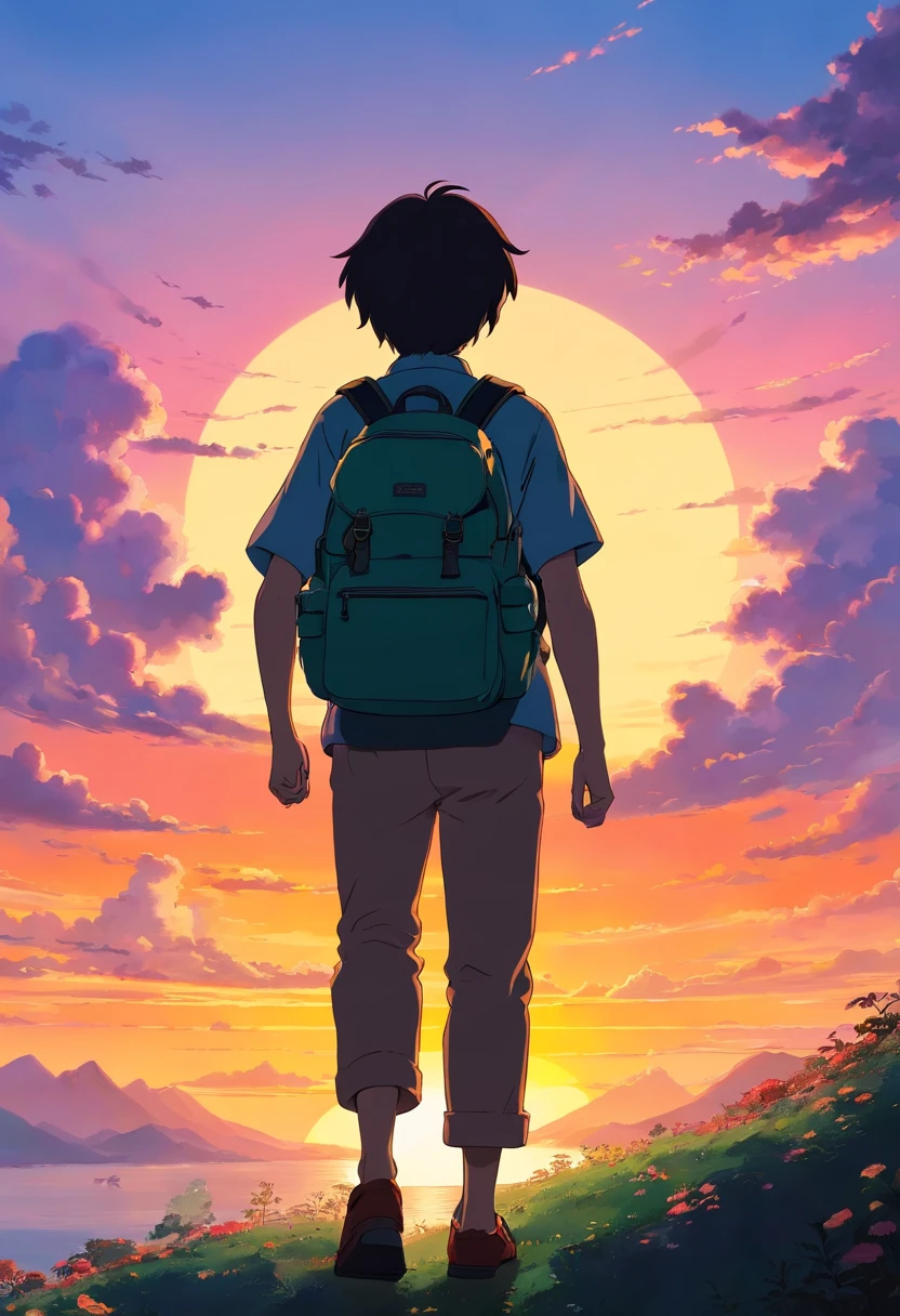 a close-up shot of a person’s silhouette against the vibrant colors of a sunrise or sunset sky, with their backpack adding a sense of adventure and exploration to the composition