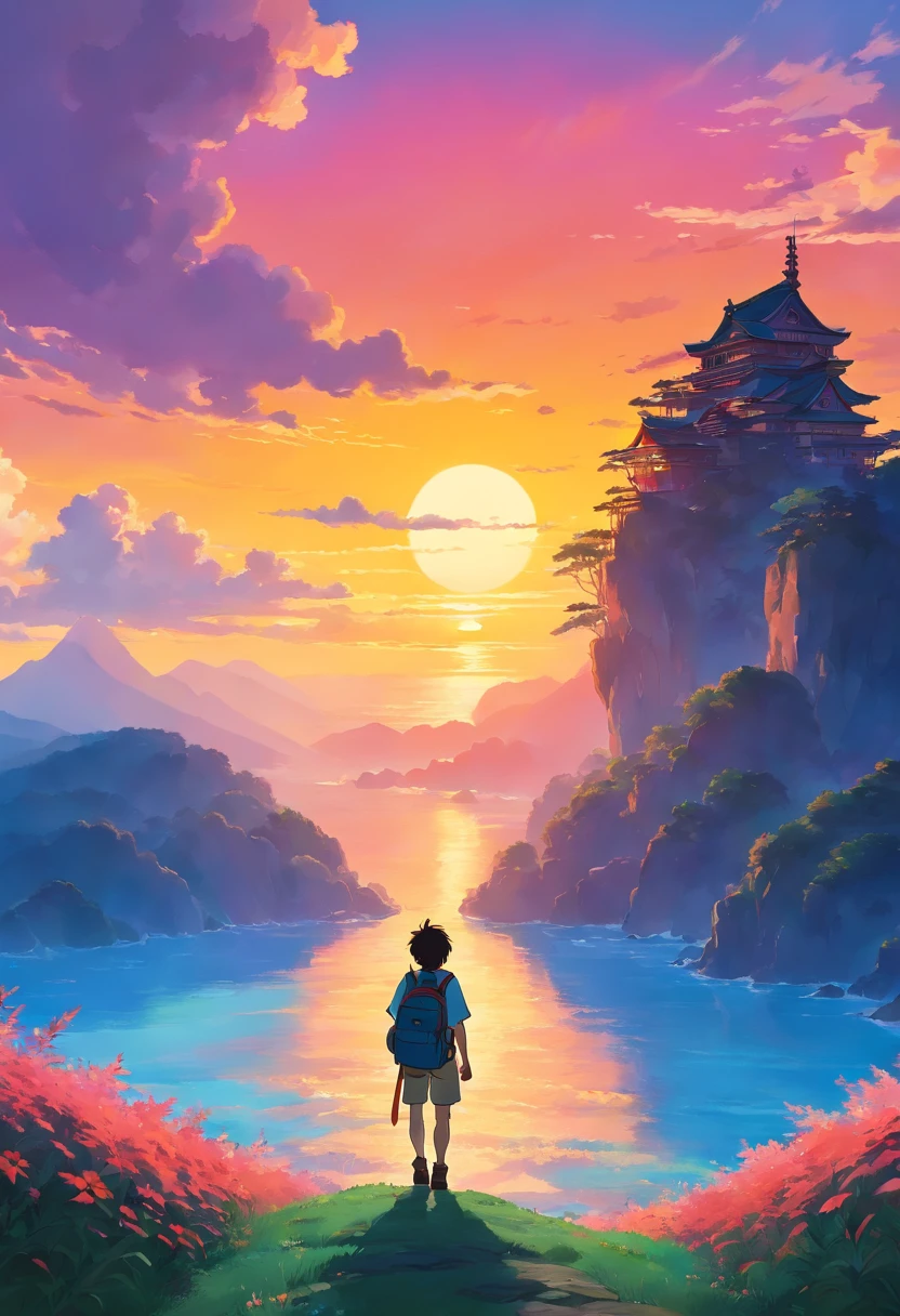 a close-up shot of a person’s silhouette against the vibrant colors of a sunrise or sunset sky, with their backpack adding a sense of adventure and exploration to the composition