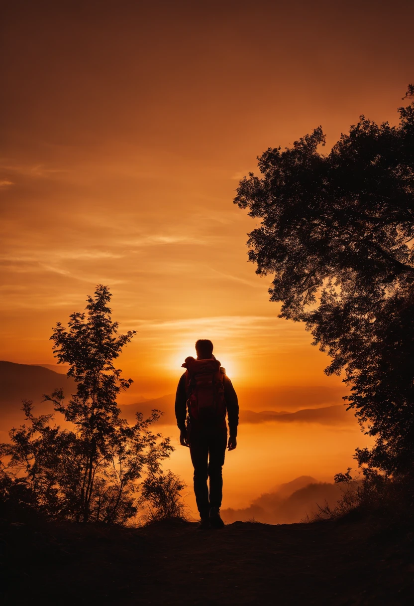 a close-up shot of a person’s silhouette against the vibrant colors of a sunrise or sunset sky, with their backpack adding a sense of adventure and exploration to the composition