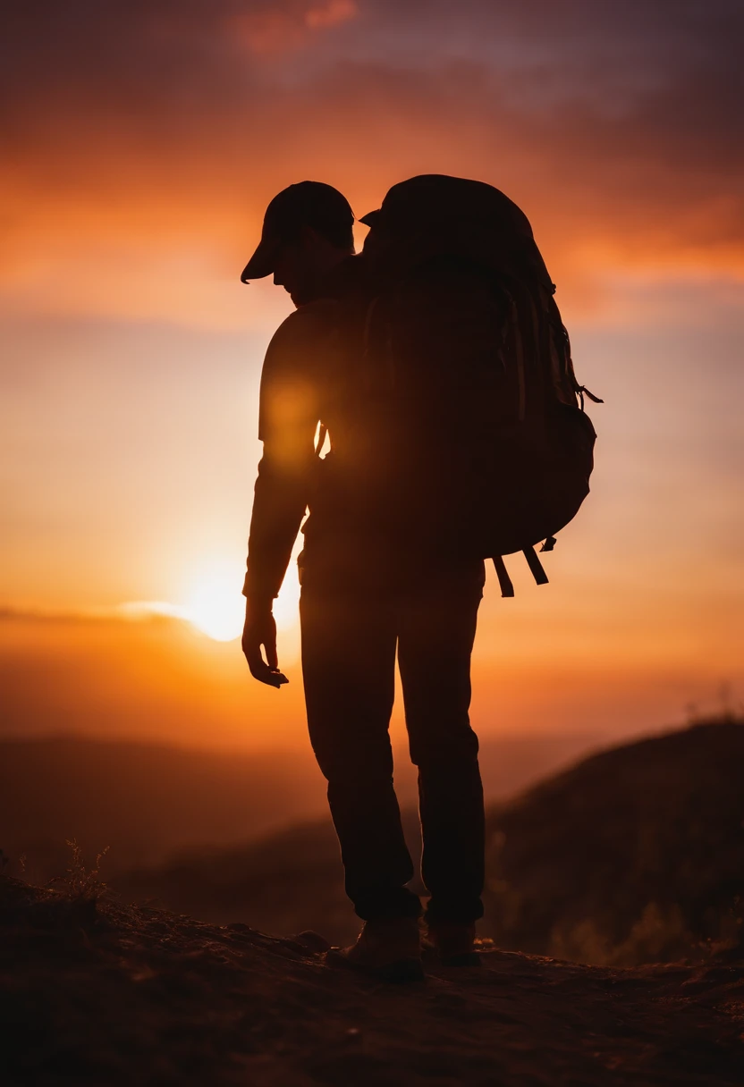 a close-up shot of a person’s silhouette against the vibrant colors of a sunrise or sunset sky, with their backpack adding a sense of adventure and exploration to the composition