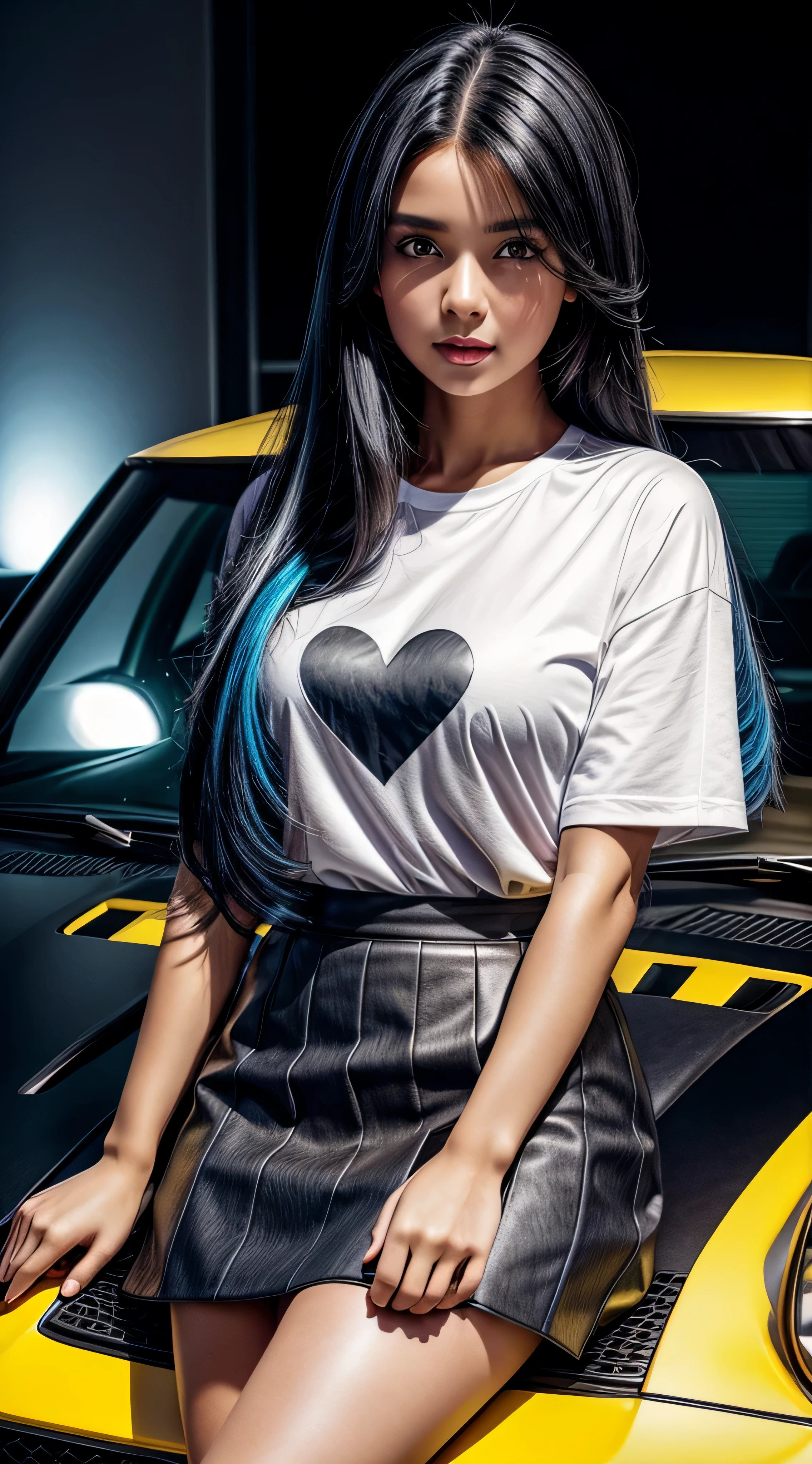 handsome girl,very handsome modest,long black and white hair with gradient,glowing sparks on her hair ,handsome girl in a mini skirt in black and yellow with drawings of red hearts,short skirt for girls white with patterns of orange hearts, she has a yellow blouse,she&#39;s in the blue and white cyber room, and in the cyber room there is a blue Lamborghini,girl leaning on the hood of a car, soft gentle light ,high skin detail,high quality 32k,Ultra HD 8K