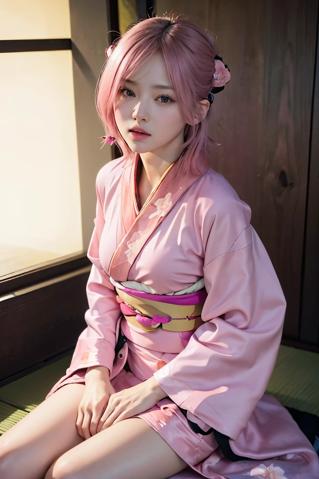 (8K, top-quality, masterpiece:1,2), (reallistic, Photorealsitic:1.37), Super Detail, One girl,), (Highly detailed), (beautifully detailed eyes), (of the highest quality), (super detailed ), (masterpiece), (Detailed face),20yr old, ,1 girl, full body, pink hair,Very short hair, medium breasts, clothed, Perfect Lighting, pussy and breast focus, looking at viewer, aroused face, naughty face, (kimono(pink kimono:1.3),simple black obi:1.3), white tabi