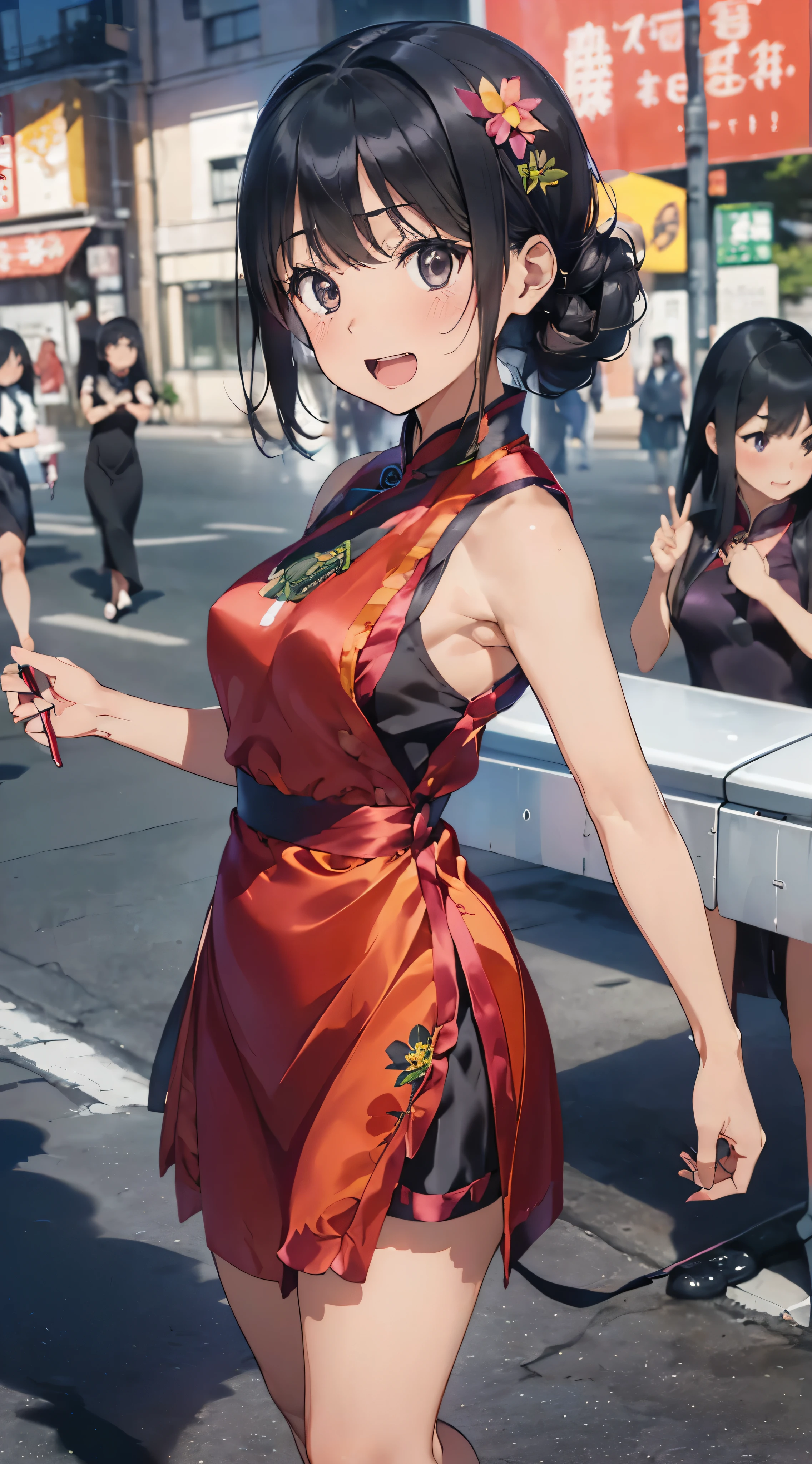 1womanl,Black hair,14years ,(()),Beautiful breasts,(((セクシー白と青の光沢のあるqipao dress)))(())(((Blushing cheeks、Smile with open mouth)),(((Satin Narico))),((( portlate))),Crowds,qipao dress