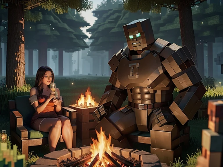 A large muscular iron golem from Minecraft sits with a girl near a fire in the forest.....