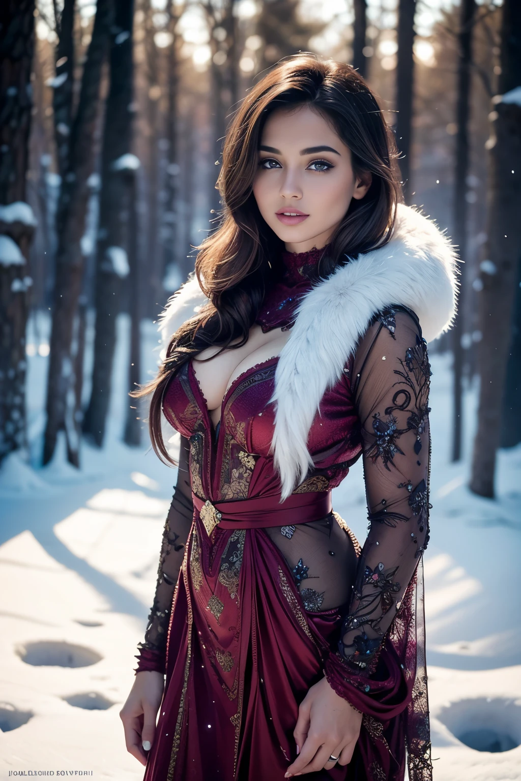 An ultra hot beautiful european light brunette woman posing as December Playmate, age 23, she's a men magazine model, flirts with camera, with mesmerizing eyes, luscious lips, and a captivating smile. She is surrounded by a frozen garden, winter starry night, nothern lights, creating a picturesque scene. The woman is wearing a glamorous outfit that accentuates her curves and adds a touch of elegance to the composition. The artwork is done in a realistic style, with extreme attention to detail, showcasing the intricate patterns on the girl's dress and the texture of the garden's frozen foliage. The colors are vivid and vibrant, with a color palette that evokes a cozy winter atmosphere. The lighting is soft and diffused, casting gentle shadows on the woman's face and highlighting the beauty of the surroundings. The overall image quality is of the highest standard, with ultra-detailed rendering and sharp focus. It is a masterpiece that captures the essence of December's enchantment and beauty.