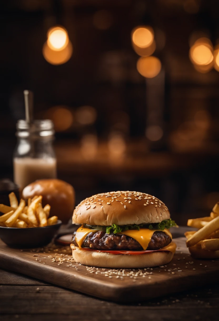 a top-down shot of a cheeseburger on a rustic wooden table, with sesame seeds sprinkled on the bun and a side of crispy golden fries, creating a classic American diner aesthetic