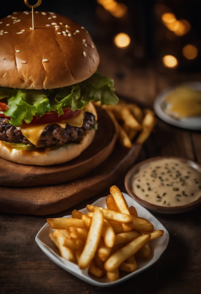 a top-down shot of a cheeseburger on a rustic wooden table, with sesame seeds sprinkled on the bun and a side of crispy golden fries, creating a classic American diner aesthetic