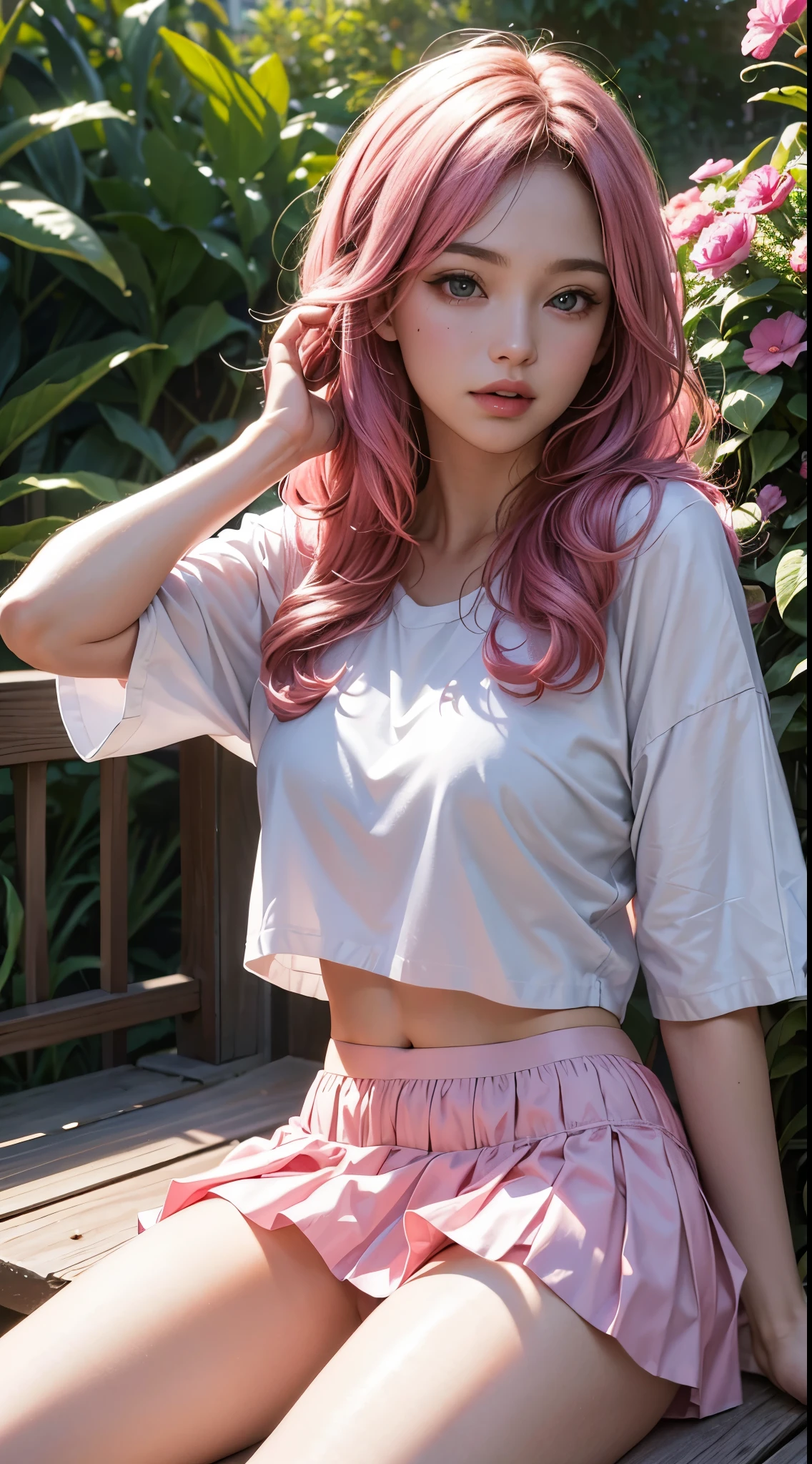 (best quality,masterpiece,ultra-detailed,high resolution,photo-realistic:1.37),1 girl, beautiful long hair, two piece bra and short skirt, feminine body, (pink panties under the skirt:1.4), sitting in a garden, surrounded by blooming flowers, enjoying the warm sunlight.