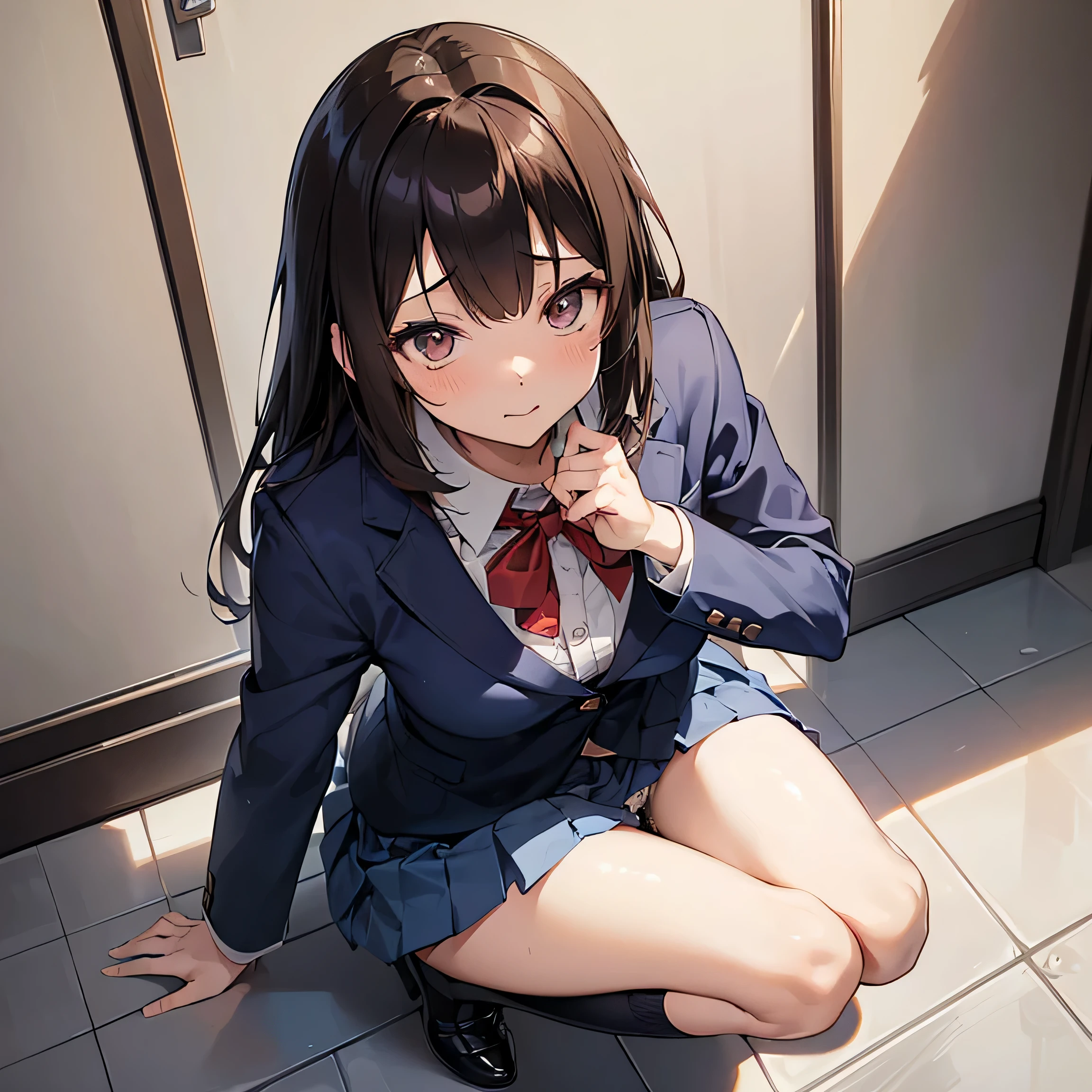 ((((masutepiece, Highest Quality, Best Quality, 1girl in, Solo, Beautiful anime、Detailed picture))))、18year old、A slender、slightly larger breasts、skinny thigh、((dark brown hair、Straight、Longhaire、Brown-eyed、rounded eyes、Clear department、、)),((Dirty floor、Filthy floors、dirt、gray tiles、public restroom))、((Dark blue blazer、Dark blue skirt、School uniform、bow ribbon、lowfers)))、Nasty face、cum on、NSFW、(((Show panties、cute panty、Fluid overflowing from the female genitalia、masturbate、masturbate、masturbate)))、(crouching down、open one's legs、Place your heels on the ground、shot from front)、Photo from the knee up、