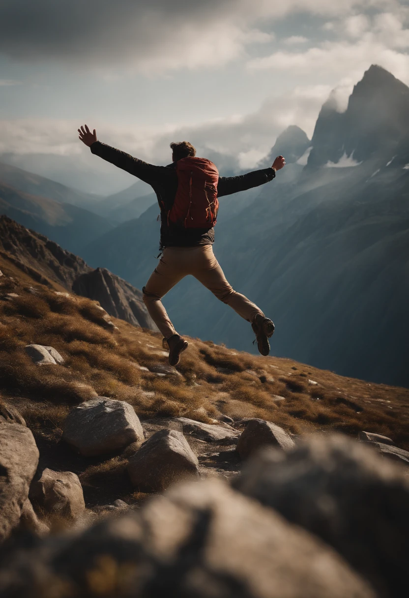 a dynamic shot of a person leaping into the air with arms raised, celebrating their accomplishment of reaching the mountain summit, with rugged terrain and distant peaks as a backdrop