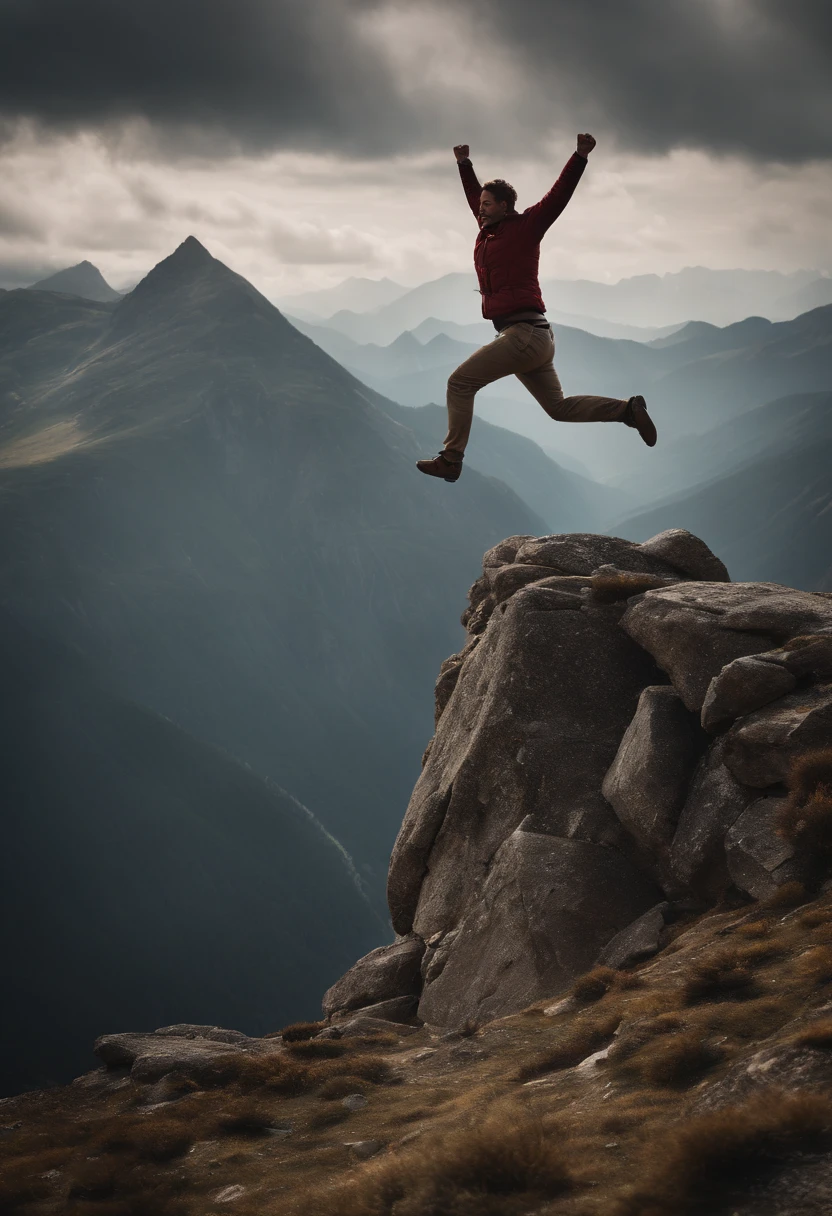 a dynamic shot of a person leaping into the air with arms raised, celebrating their accomplishment of reaching the mountain summit, with rugged terrain and distant peaks as a backdrop