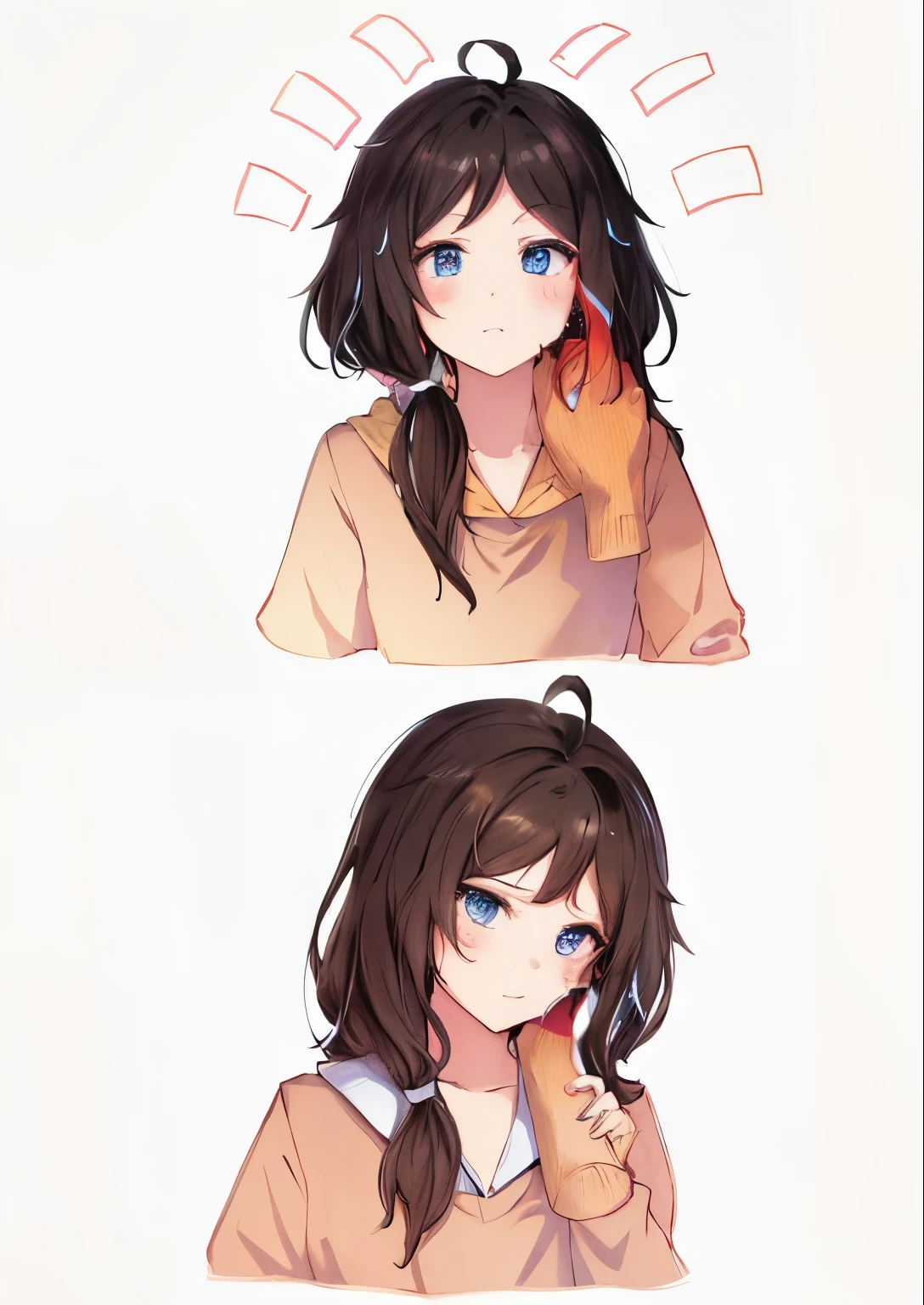 a girl wearing a light brown hoodie, black hair, detailed hair, detailed face, detailed hair, beautiful eyes, best quality, masterpiece