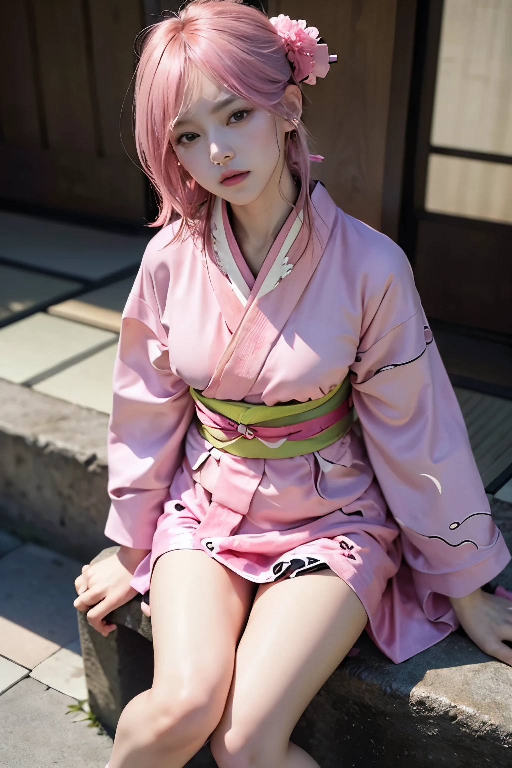 best quality, masterpiece, extremely detailed, CG, unity, Amazing, finely detail, masterpiece, best quality, beautiful detailed girl, extremely detailed eyes and face, beautiful detailed eyes, light on face, cinematic lighting, 1girl, full body, perfect hand, depth of field, wearing stocking, wearing kimono, pink hair, medium breasts, earring, in a pagoda, (no panties)