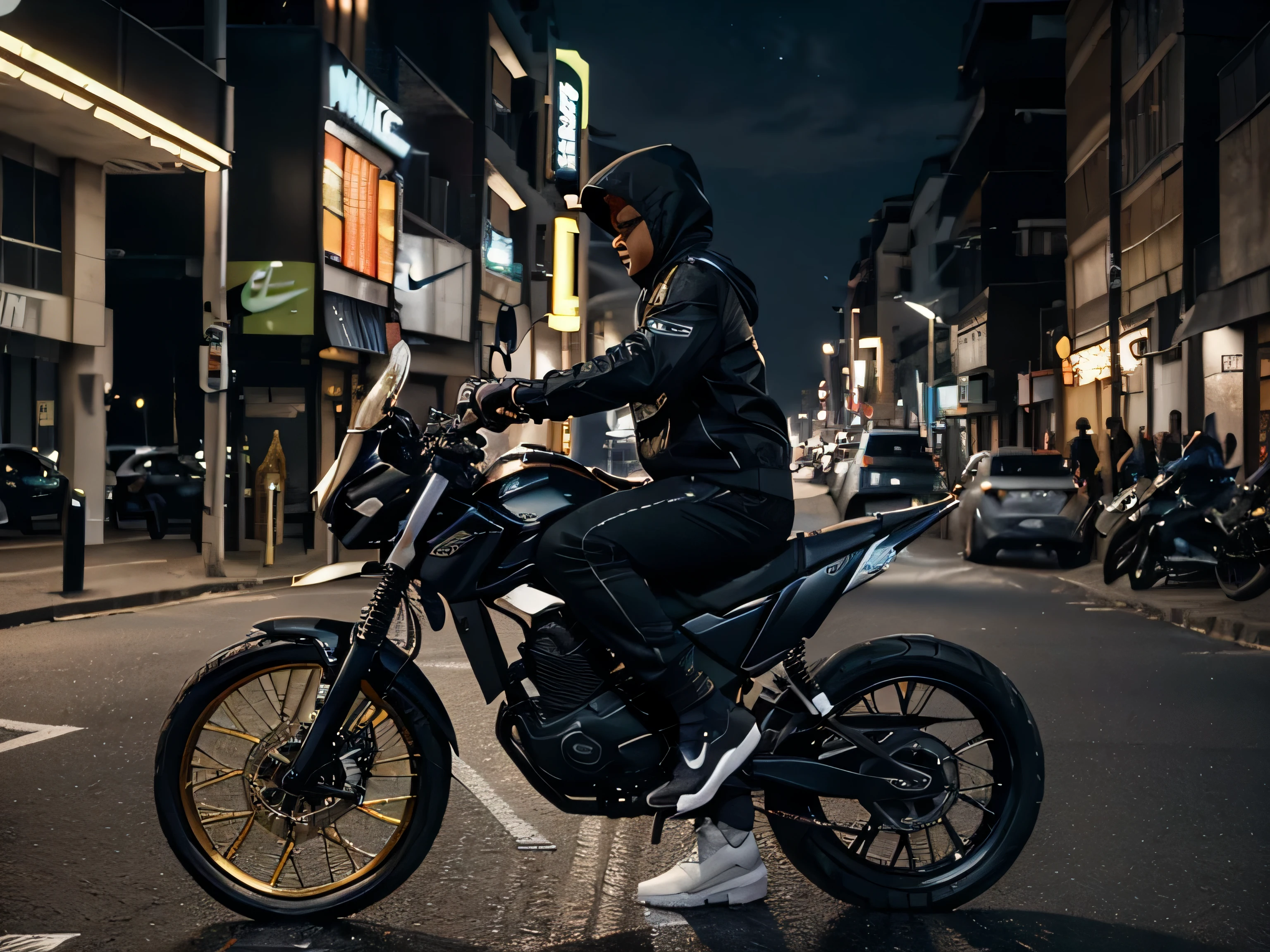 Ultra-realistic 4K image with cinematic color tone and resolution in 2:1 ; street with LED lighting in a photograph of a young Brazilian man riding a futuristic golden Yamaha XT660 2013 motorcycle)) ((the young man is wearing futuristic Nike sneakers and a set of pants and a long-sleeved jacket and Nike hood, estiloso com detalhes))