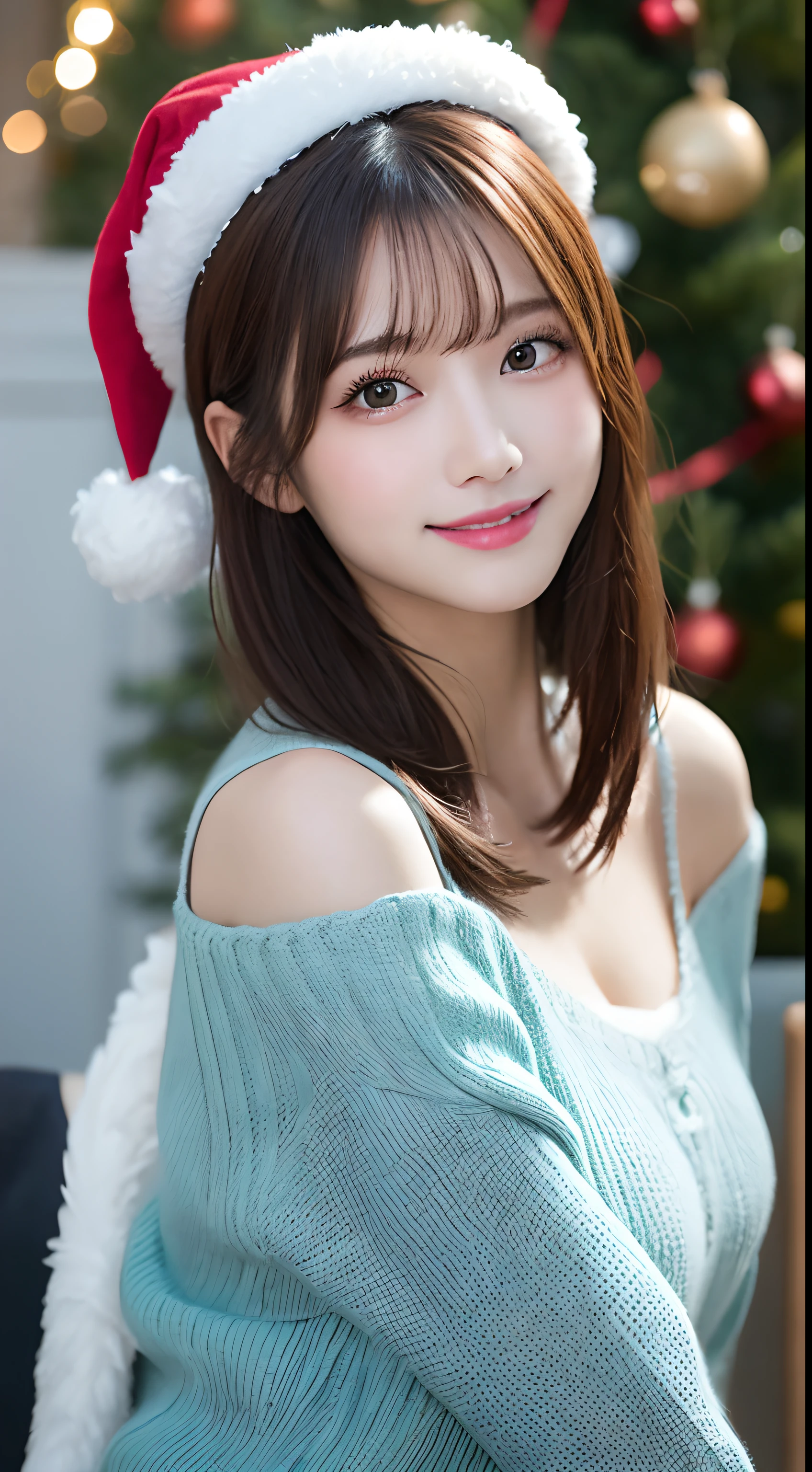 On the table, Best quality at best, illustratio, ultra - detailed, finely detailled, A high resolution, 8k wallpaper, Perfect dynamic composition, 美丽细致的眼睛, Long sleeves knitted with shoulder extensions,bob hair,FULL-BODY ESBIAN, Natural color lips, Casual and sexy poses,ssmile,20岁女孩, Beutiful women:1.2、(Super cute idol style face:1.2), Christmas tree,Christmas party,Santa Claus costume:1.2,