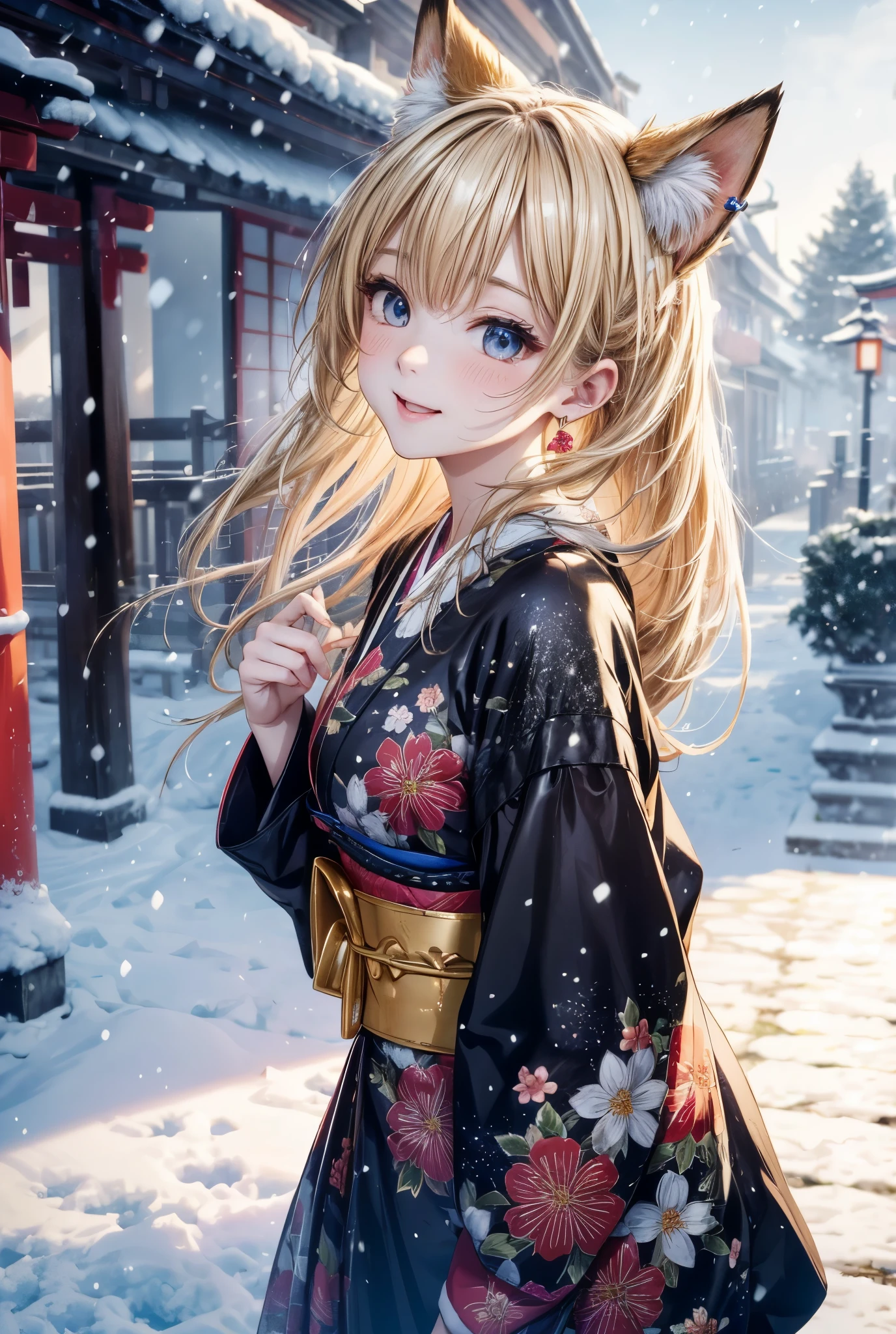 Melody Mark,of the highest quality, Best Masterpiece, ultra-detailliert,fox village, (1 fox girl), (Jet black and floral patterned Japanese clothes:1.4),(It's snowing:1.3), (look up sky:1.3),(cheerful and happy face:1.3), Little tears,red blush, (blonde short low tail: 1.4), Shiny hair, (Deep Blue Eyes:1.4), Small earrings, Small necklace,Sunlight,light reflections ,Kemomimi