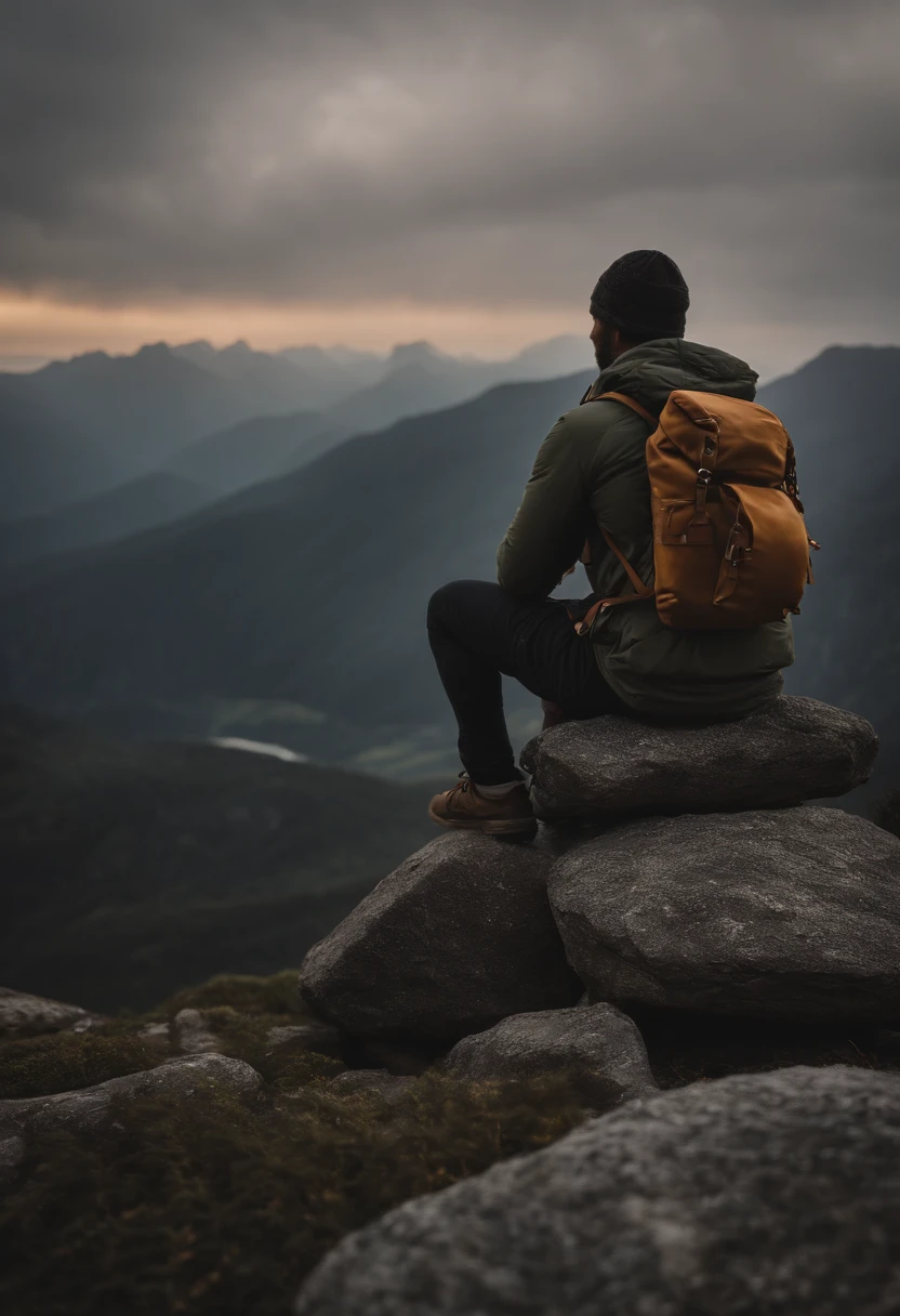 a serene shot of a person sitting or meditating on a mountain peak, with their backpack placed beside them, showcasing a moment of tranquility and connection with nature