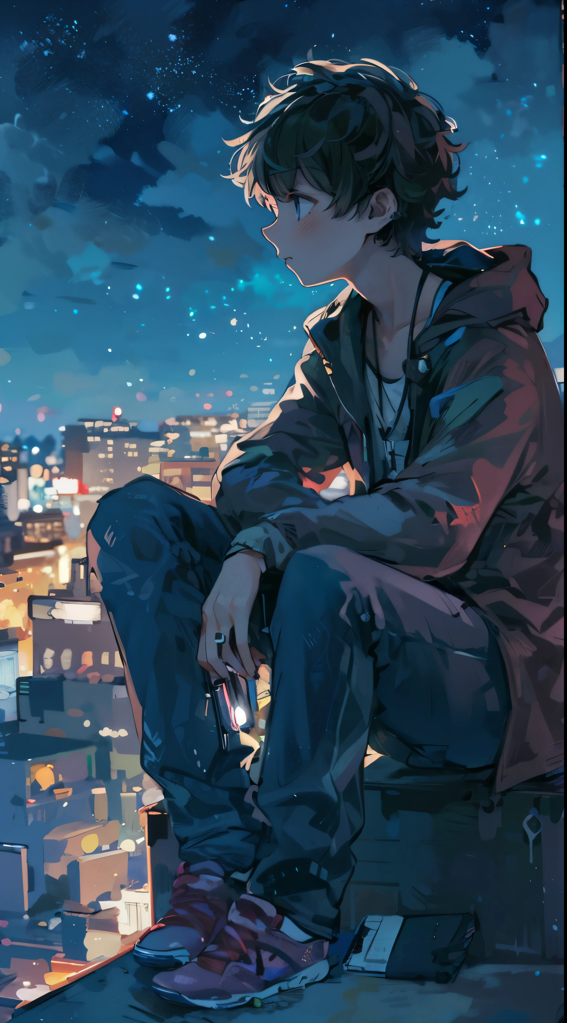 High quality, amount of drawing, pixiv illustration, A scene depicting a handsome young man looking at the night sky from a city rooftop. he is under the stars、sitting on the edge of the roof, Casual clothing with jacket and denim pants. his expression is meditative, looking off into the distance. Beside him, I have a small notebook and a pen., and he time々write something down. The background represents a night view of the city, The lights of a distant building are twinkling. This scene captures a lonely moment away from the hustle and bustle of the city., A work depicting a young man musing and dreaming under the night sky.