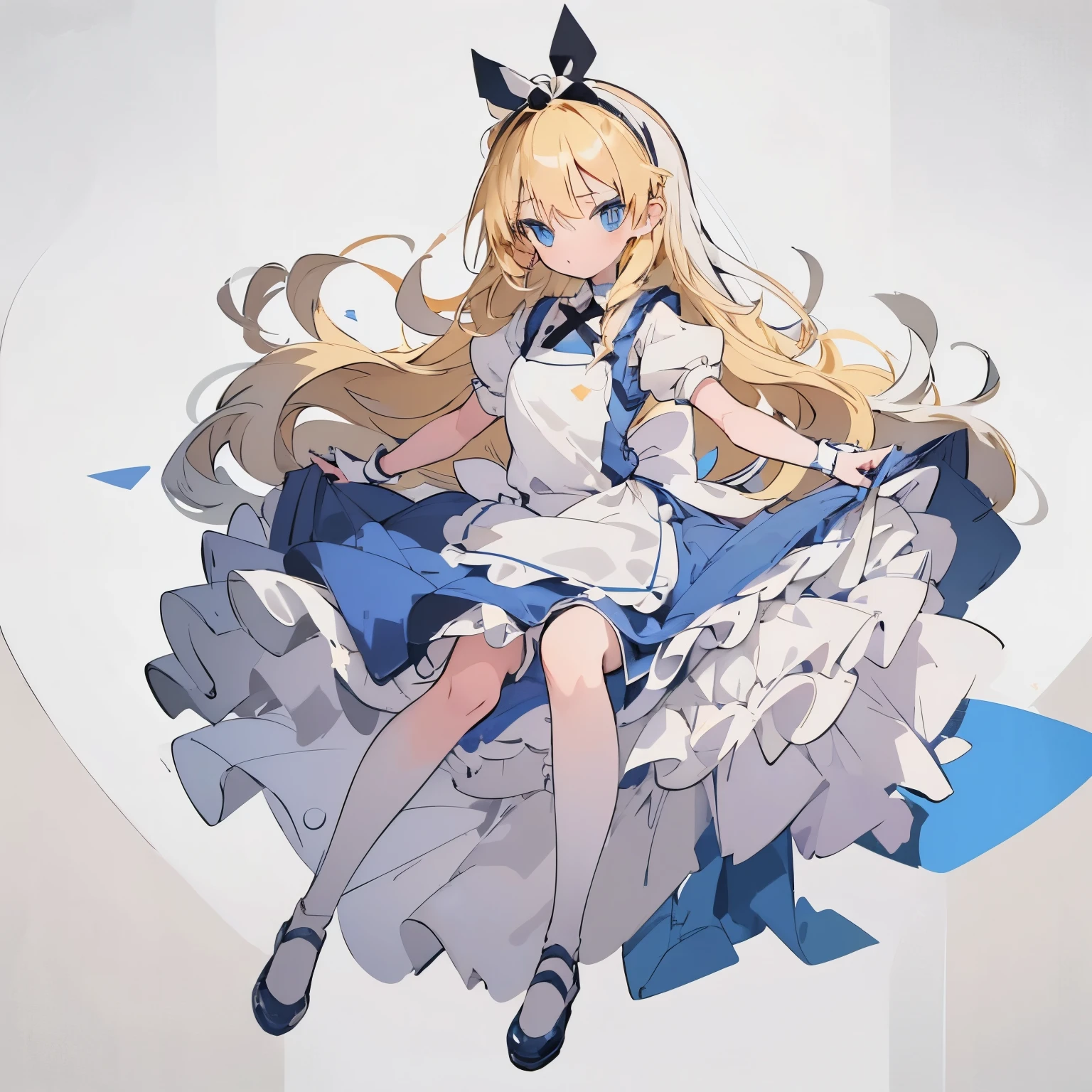 【Highest Quality, masutepiece】  [(1girl:1.5), expressioness, (blonde hair:1.5), long hair,Blue dress, (blue eyes:1.3), white legwear, apron, hairband ribbon, slender beauty, short stature ,shoes, short sleeves, saucer, black footwear, Upper body] (Gray white background:1.7), Surprised,