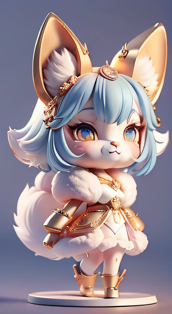 lens flare glow,Cute fox makeup,Fluffy little fox,White fur,thin waist thin waist,fox ear,paw shoes,Kawaii exterior,Flat-chested girl,Slim figure,ssmile,Navy blue hair,Golden pupils。Attractive 3D Vector Art。