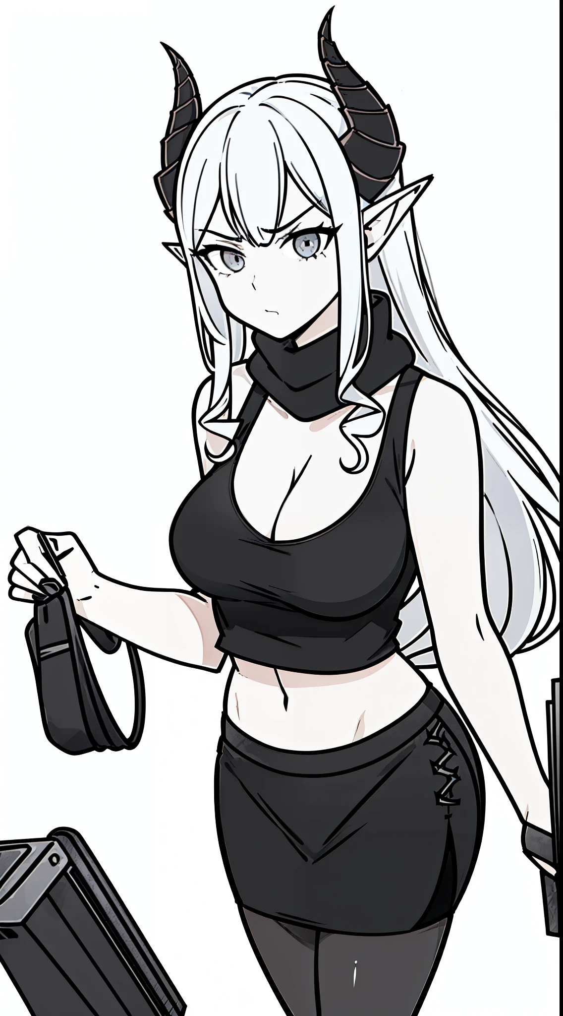 1girl,20s,solo,mature female,small breasts,long hair, white hair,curly hair,((villain,psycho,psychopath, angry)),show belly,cleavage,horns,elf ears,scarf,(((black tank top,black pencil skirt,black pantyhoses))),standing,(white background, line drawing),