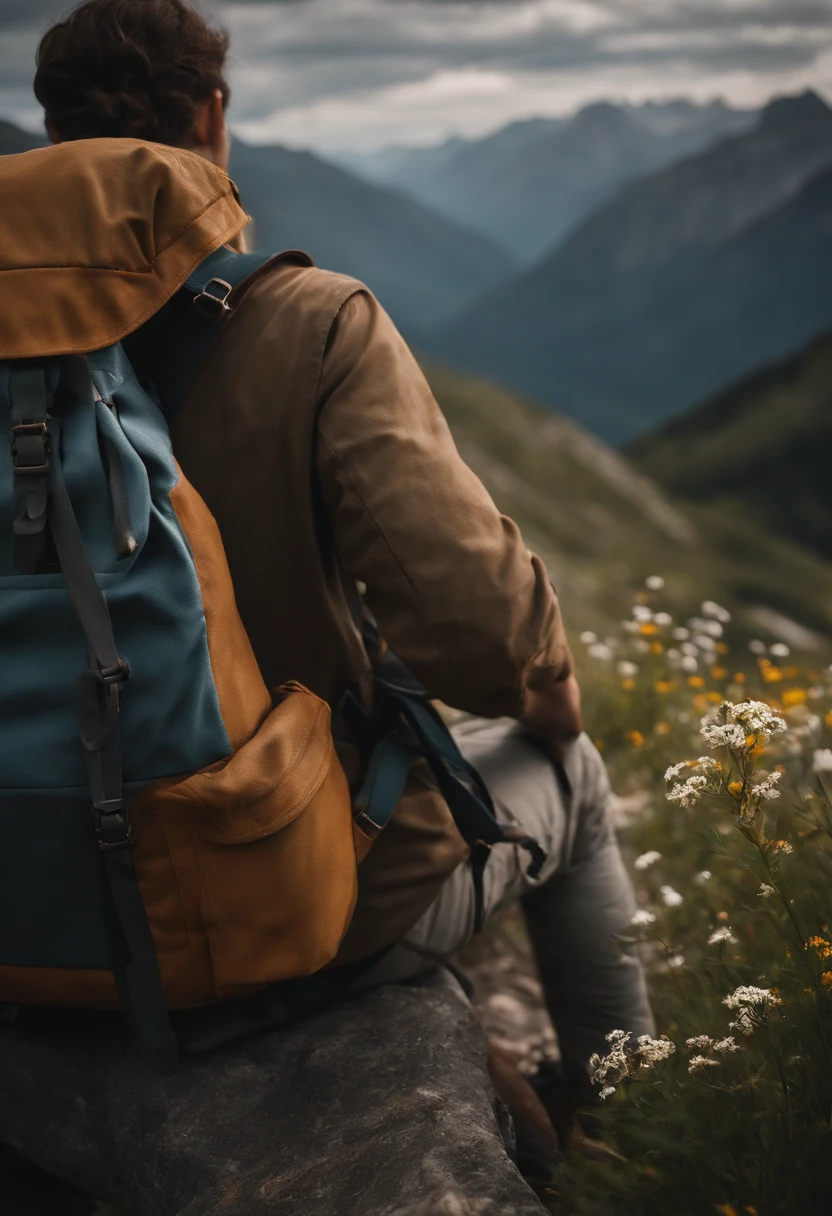a detailed shot of a person’s hands adjusting the straps of their backpack, with rugged mountainous terrain and wildflowers in the foreground, symbolizing the preparation and readiness for adventure