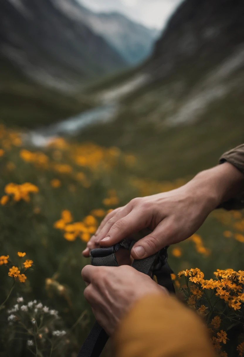 a detailed shot of a person’s hands adjusting the straps of their backpack, with rugged mountainous terrain and wildflowers in the foreground, symbolizing the preparation and readiness for adventure