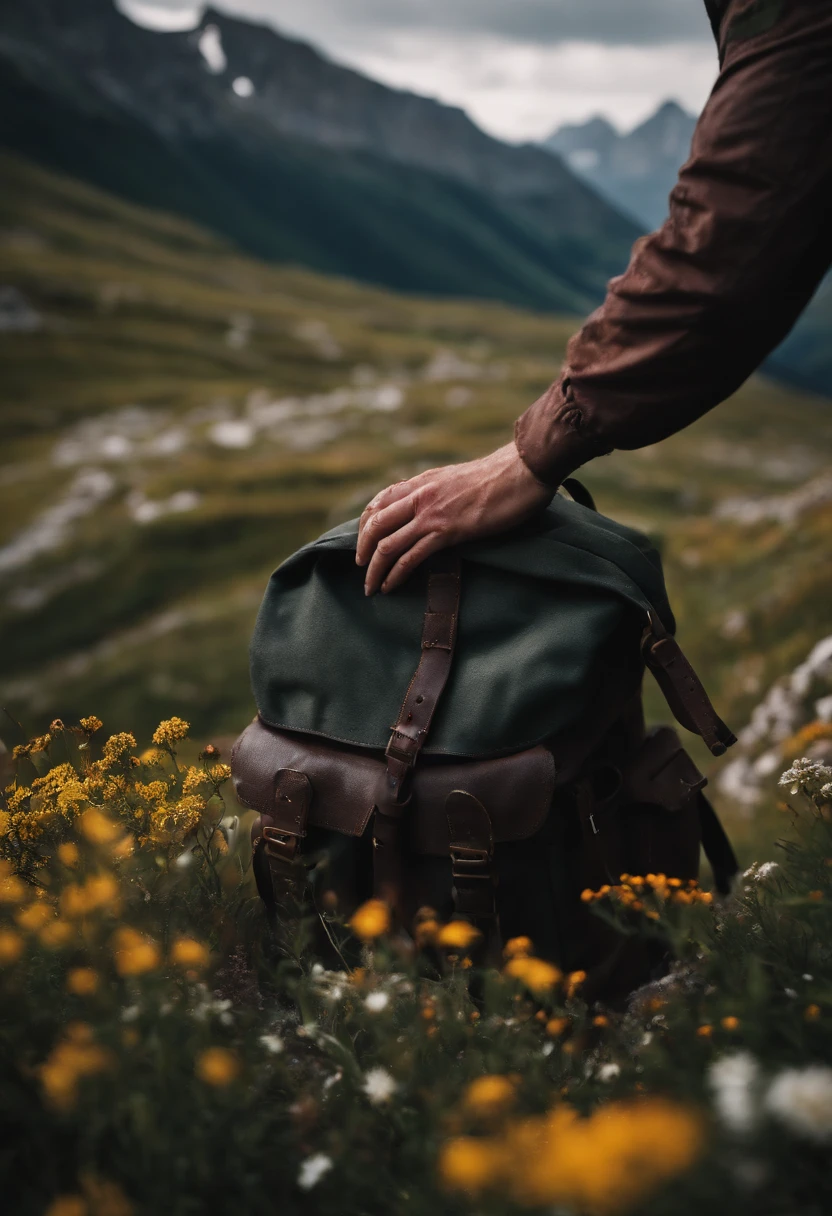a detailed shot of a person’s hands adjusting the straps of their backpack, with rugged mountainous terrain and wildflowers in the foreground, symbolizing the preparation and readiness for adventure