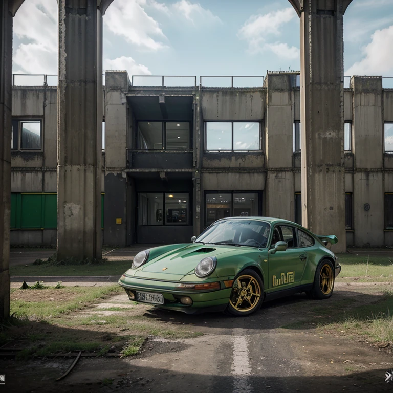Hyperrealistische Kullisse im Ruhrgebiet,old colliery site with buildings where windows are broken. Inside is a Kawasaki green Porsche 911 with gold bbs cross-spoke rims, lowered and a Carrera lettering above the side skirts. Daneben steht ein Mann im businessanzug