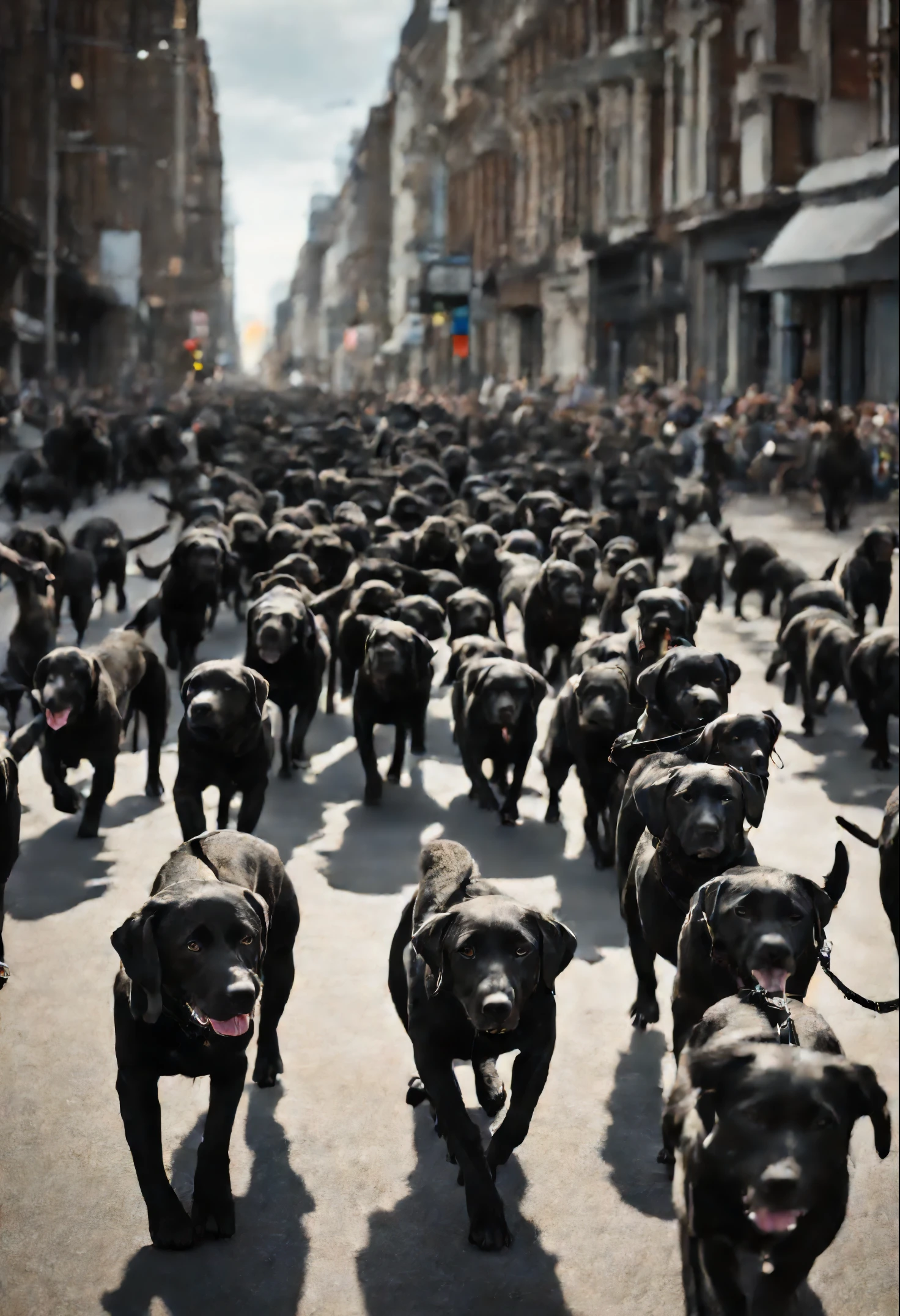 An army of black Labradors, hundreds of Labradors marching into city