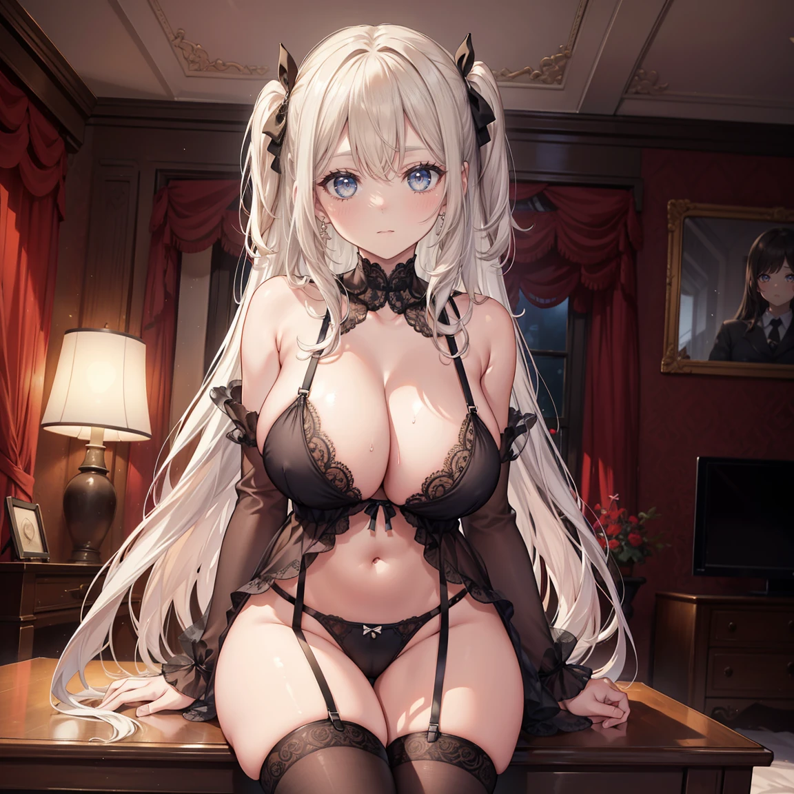 1 girl, watery big eyes, Low RA:Add to_the detail:1，Lace lingerie big breastigchest，Inside the living room，humongous large breast，humongous large breast，Bigchest，Black stockings